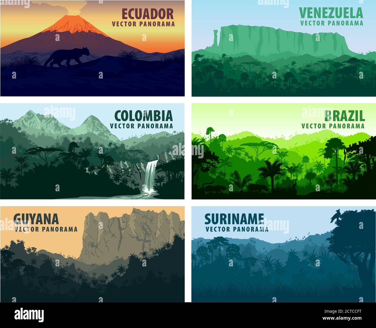 vector set of panorams countries South America - Venezuela, Brazil, Suriname, Ecuador, Colombia, Guyana Stock Vector