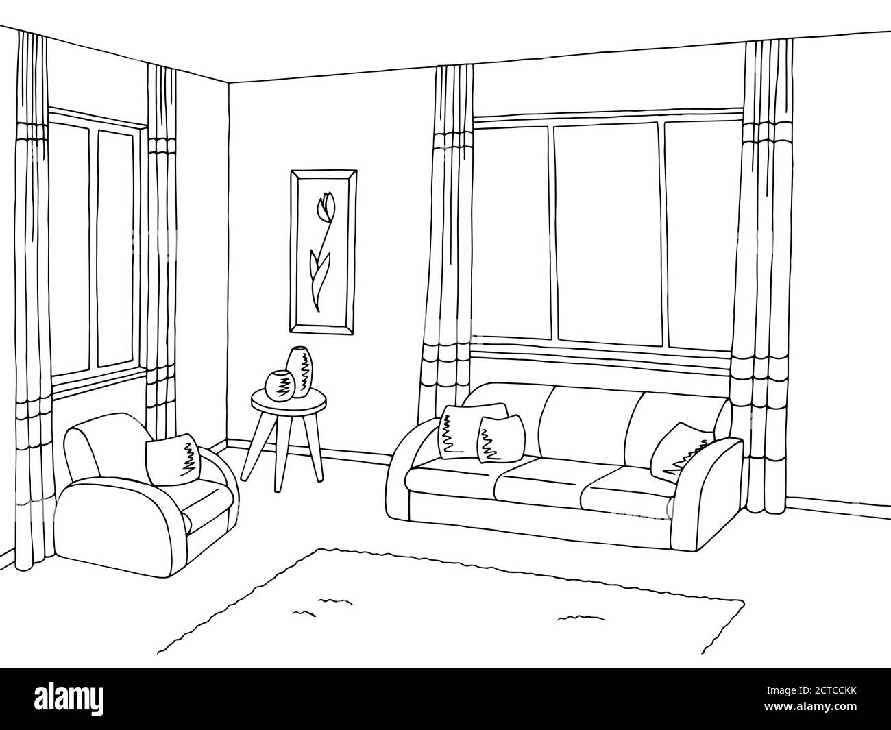 Living room interior graphic black white sketch illustration vector ...