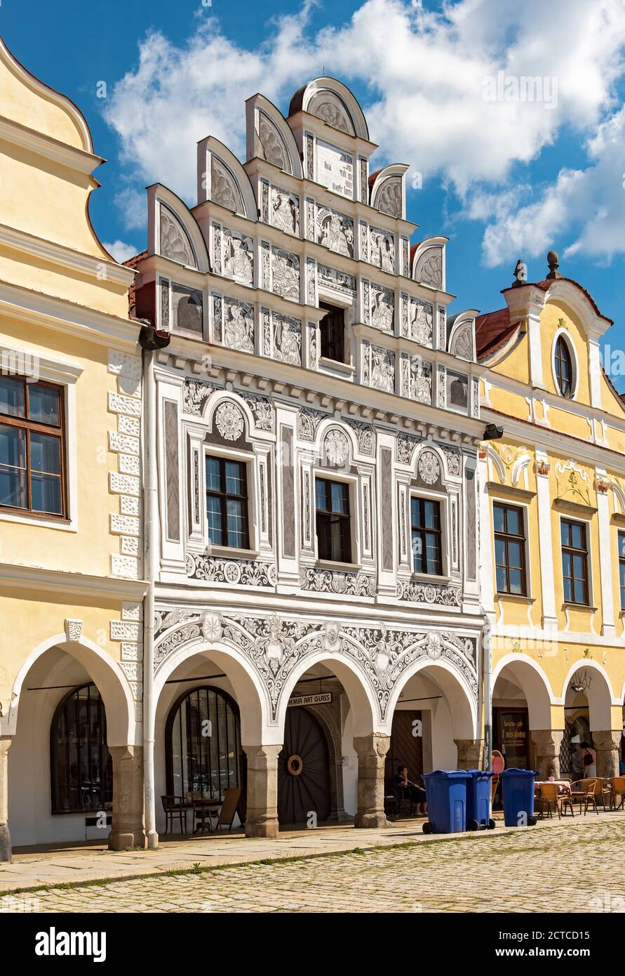 House Nr. 61 with sgraffiti facade, Telč Town Square, Czech Republic Stock Photo