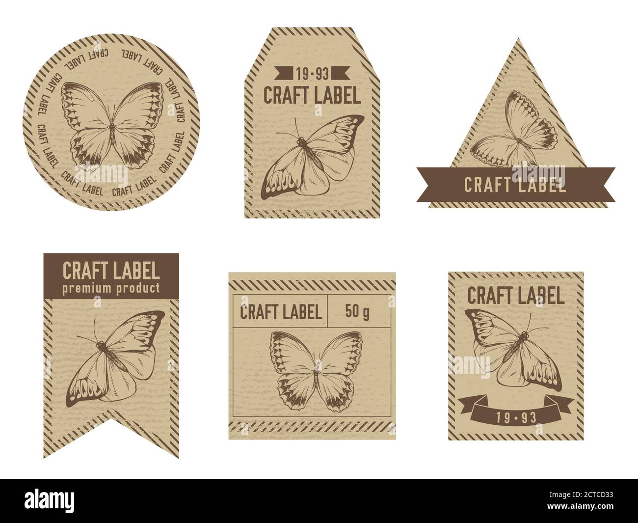 Craft labels vintage design with illustration of great orange-tip, jungle queens Stock Vector