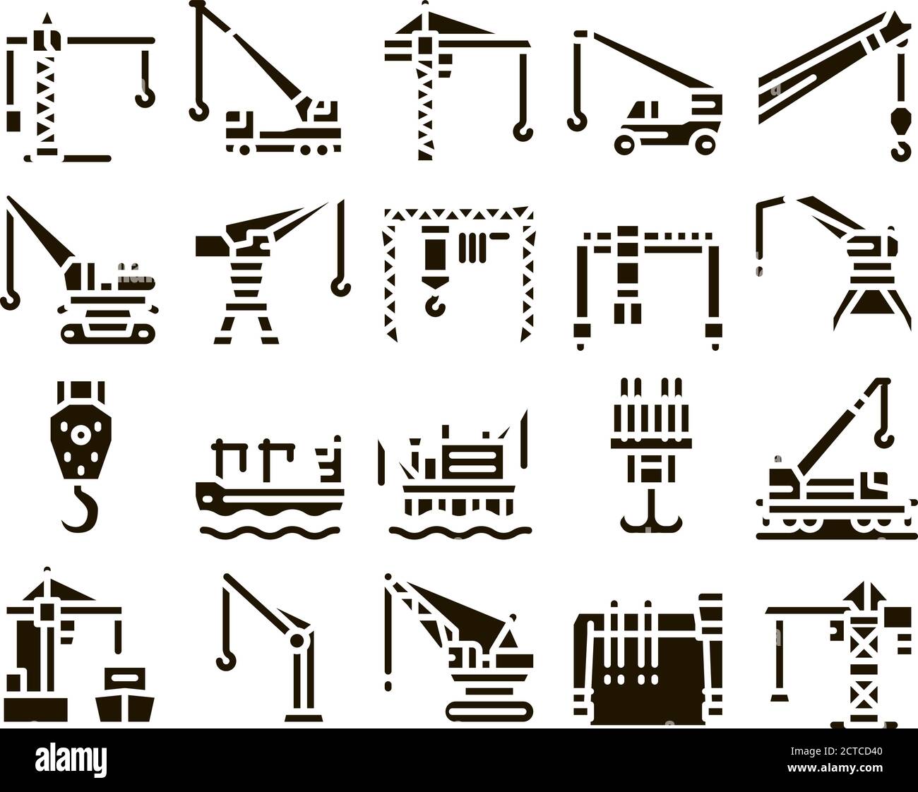 Crane Building Machine Glyph Set Vector Stock Vector