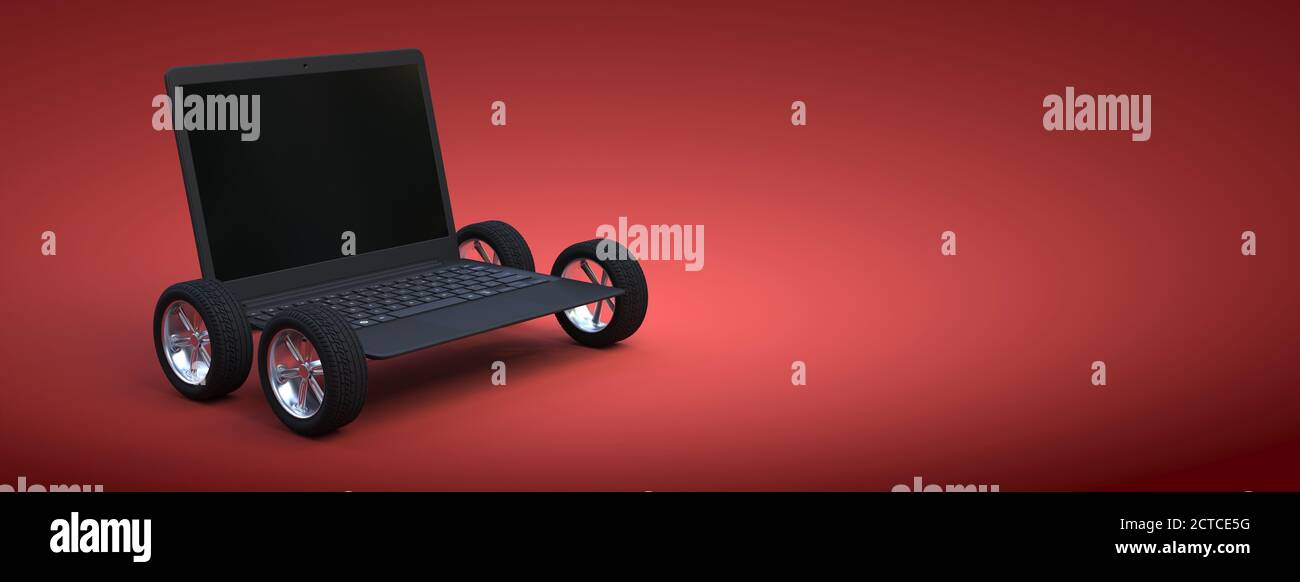 laptop with wheels - second hand concept 3D rendering Stock Photo