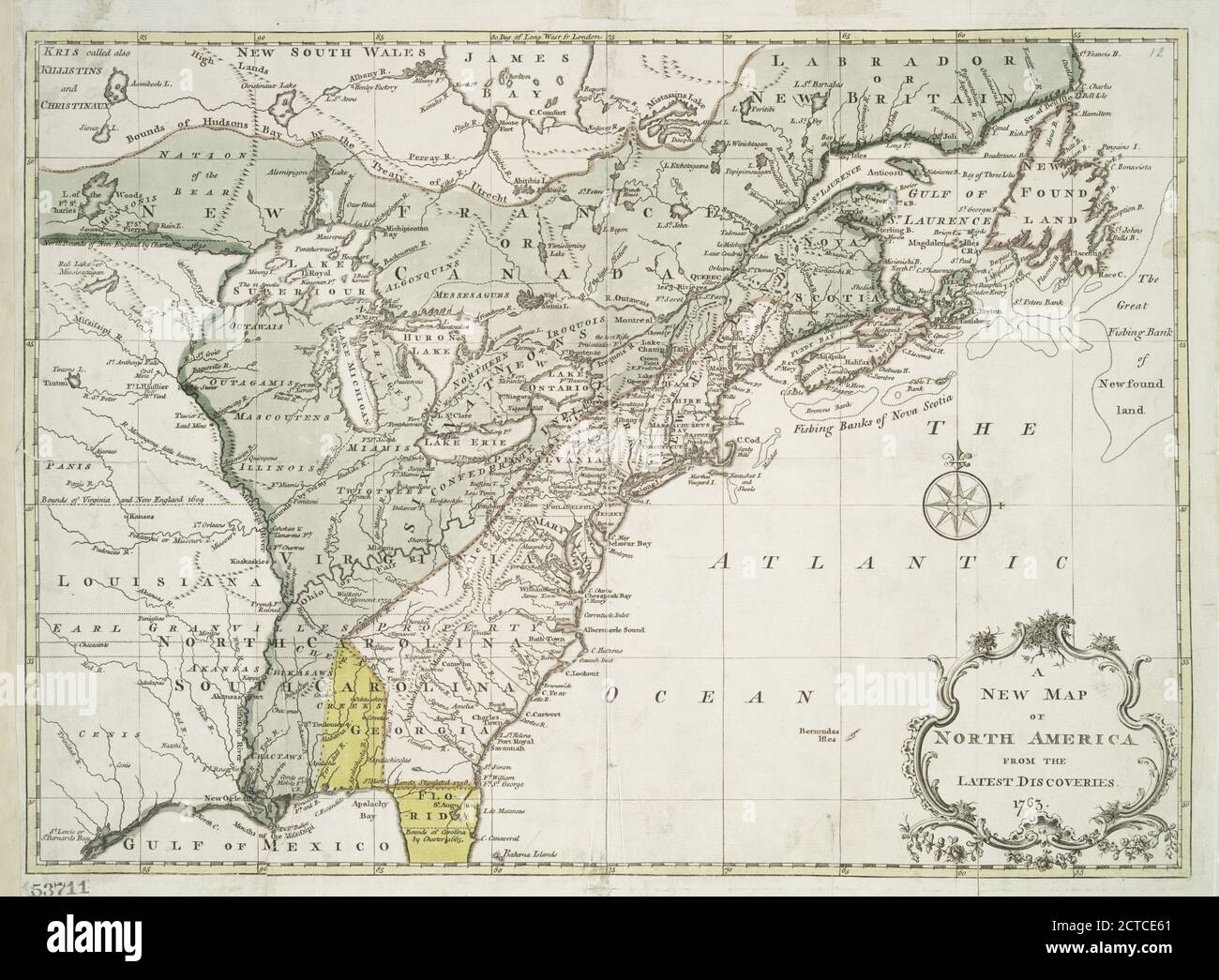 A new map of North America from the latest discoveries, 1763, cartographic, Maps, 1763 Stock Photo