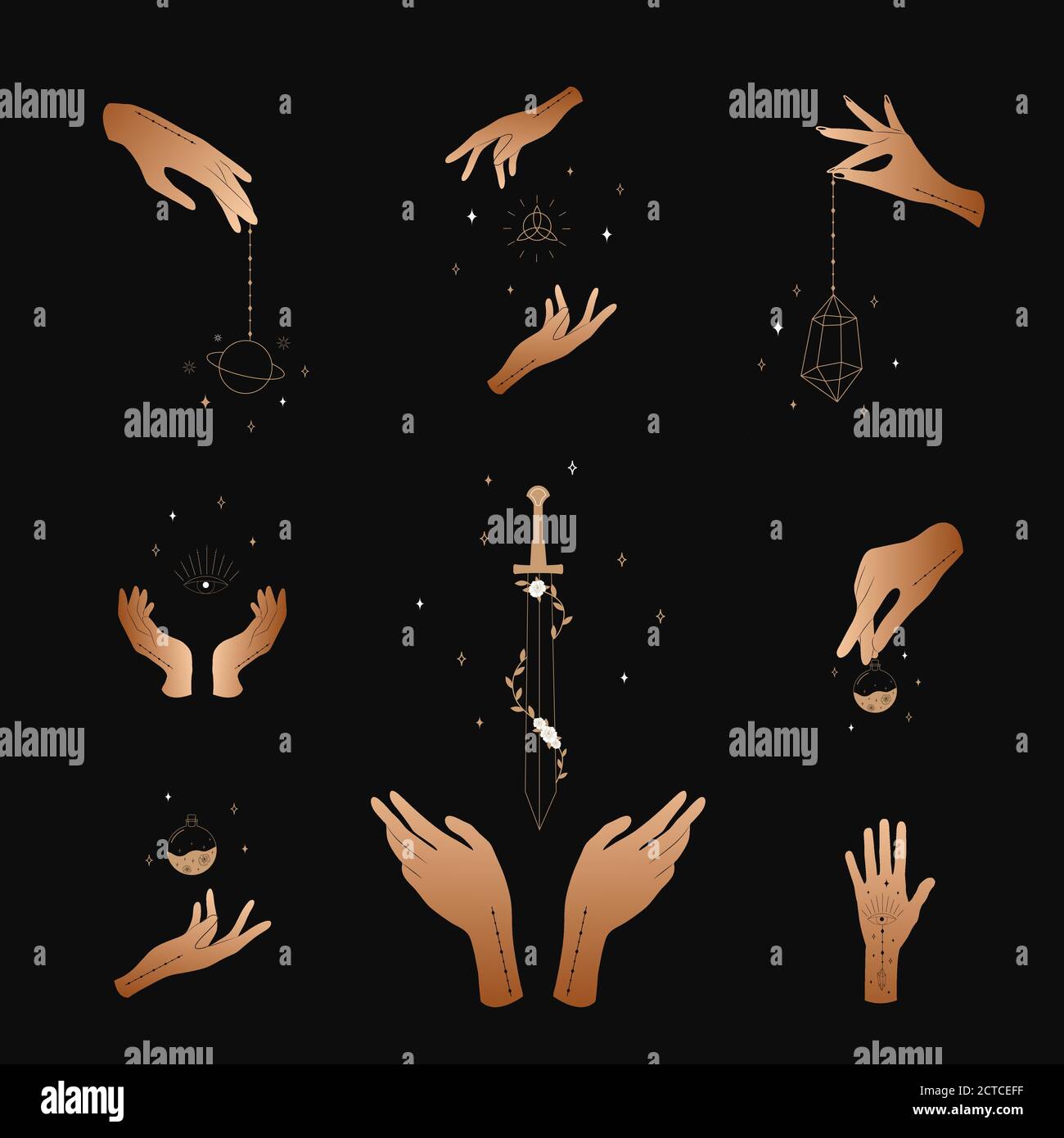 Set of female hands. Witch magic and occult collection. Different vector hand gestures with sword, stars and crystal. Abstract logo for tarot cards Stock Vector