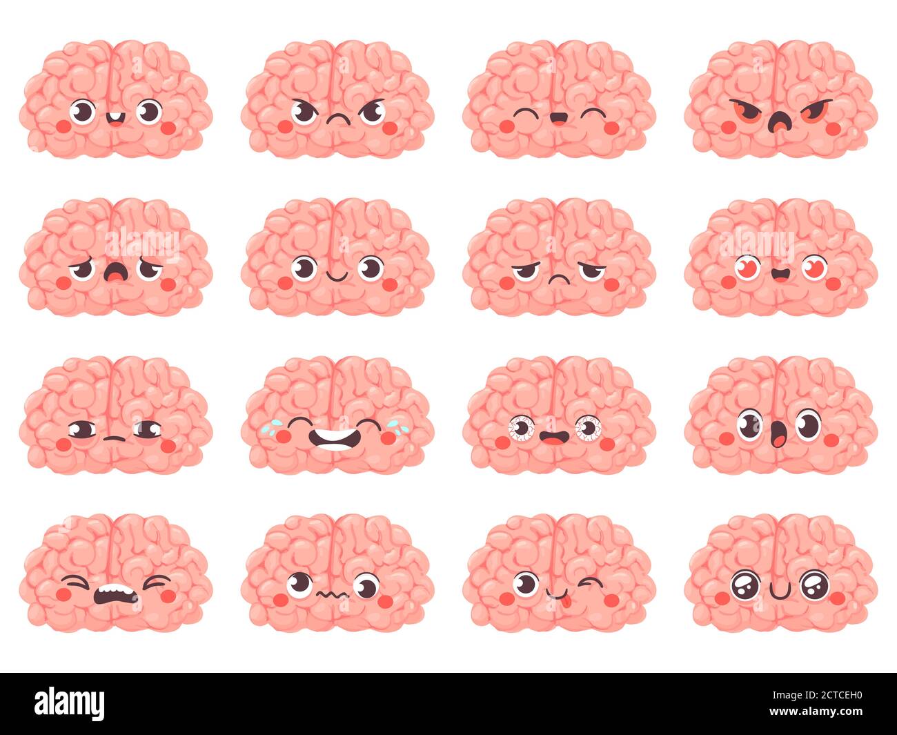 Brain emoticons. Cute brains characters with different face expression. Happy and angry, whink and sad, creative avatar cartoon vector set. Funny face Stock Vector
