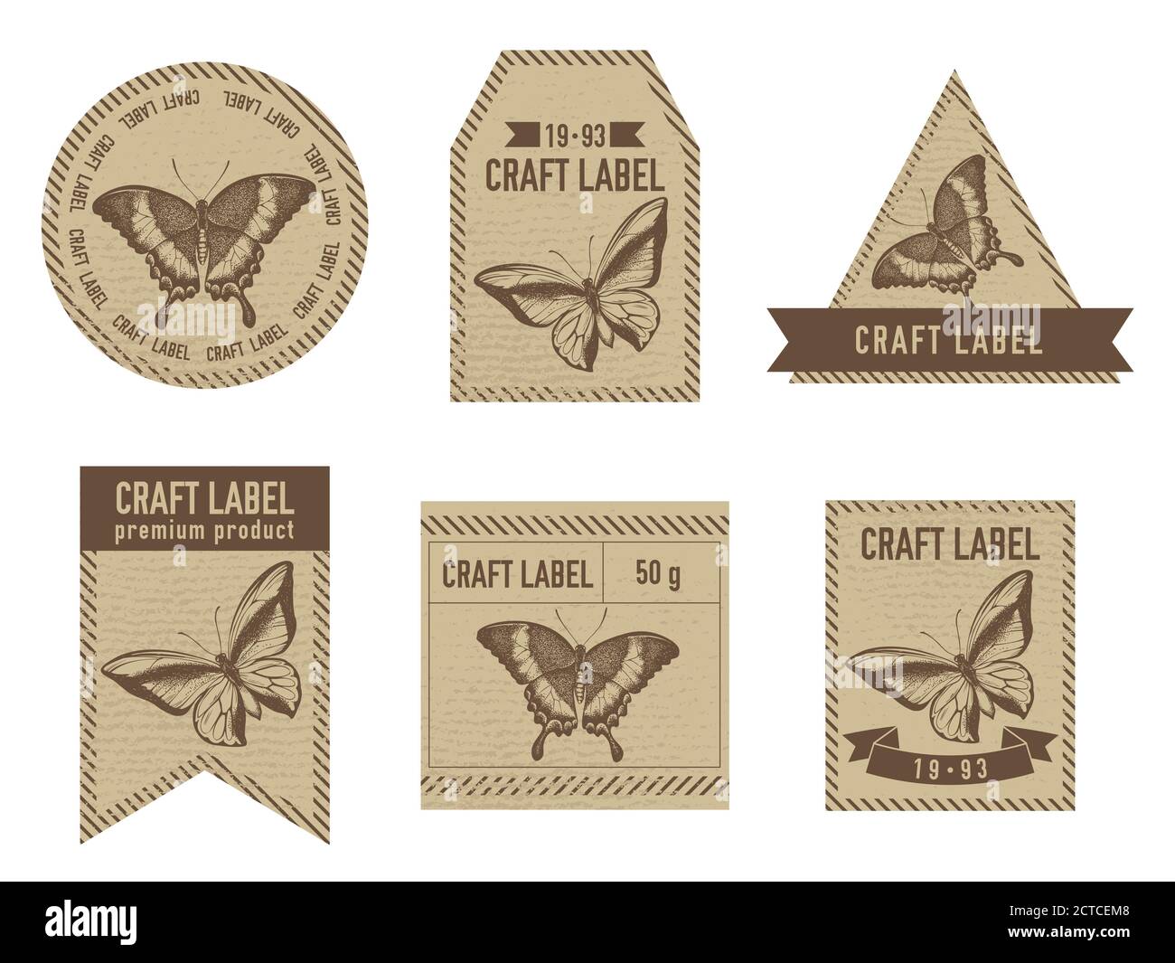Craft labels vintage design with illustration of emerald swallowtail, swallowtail butterfly Stock Vector