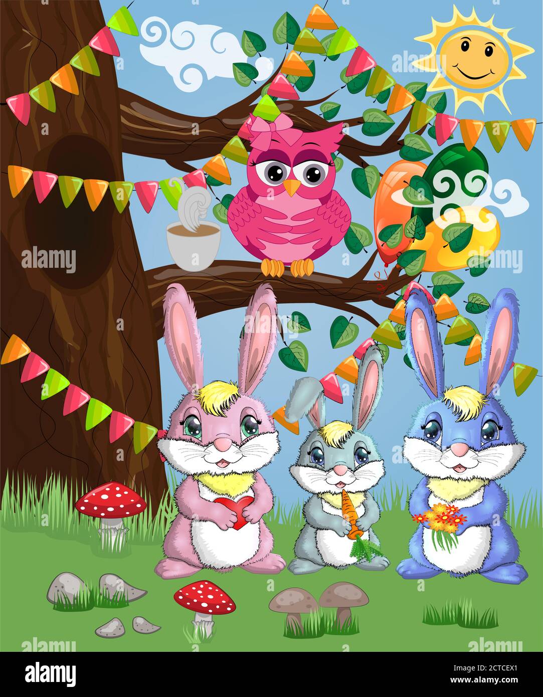 A family of three bunnies in a forest glade. Mom, dad, baby. Spring, postcard Stock Vector