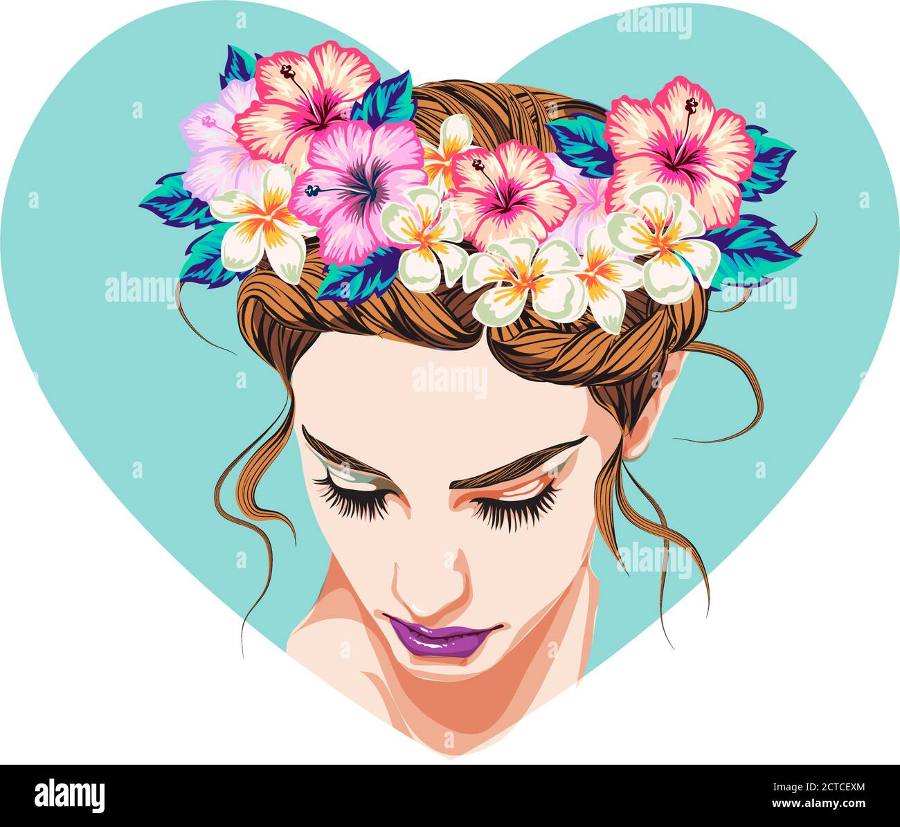 Spring look model. Beautiful girl in a wreath of peonies and roses ...