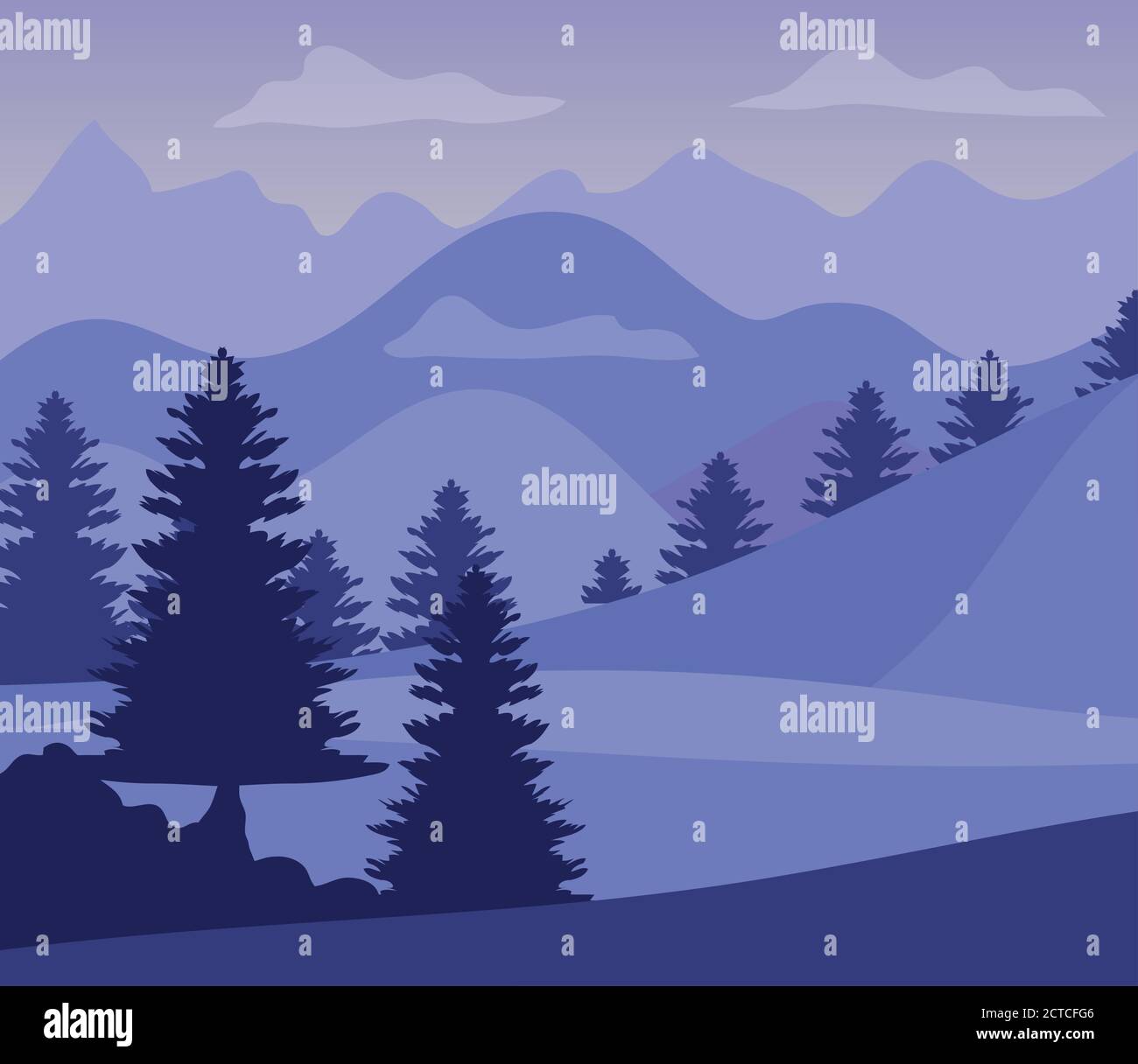 purple landscape with silhouettes mountains and pine trees Stock Vector ...