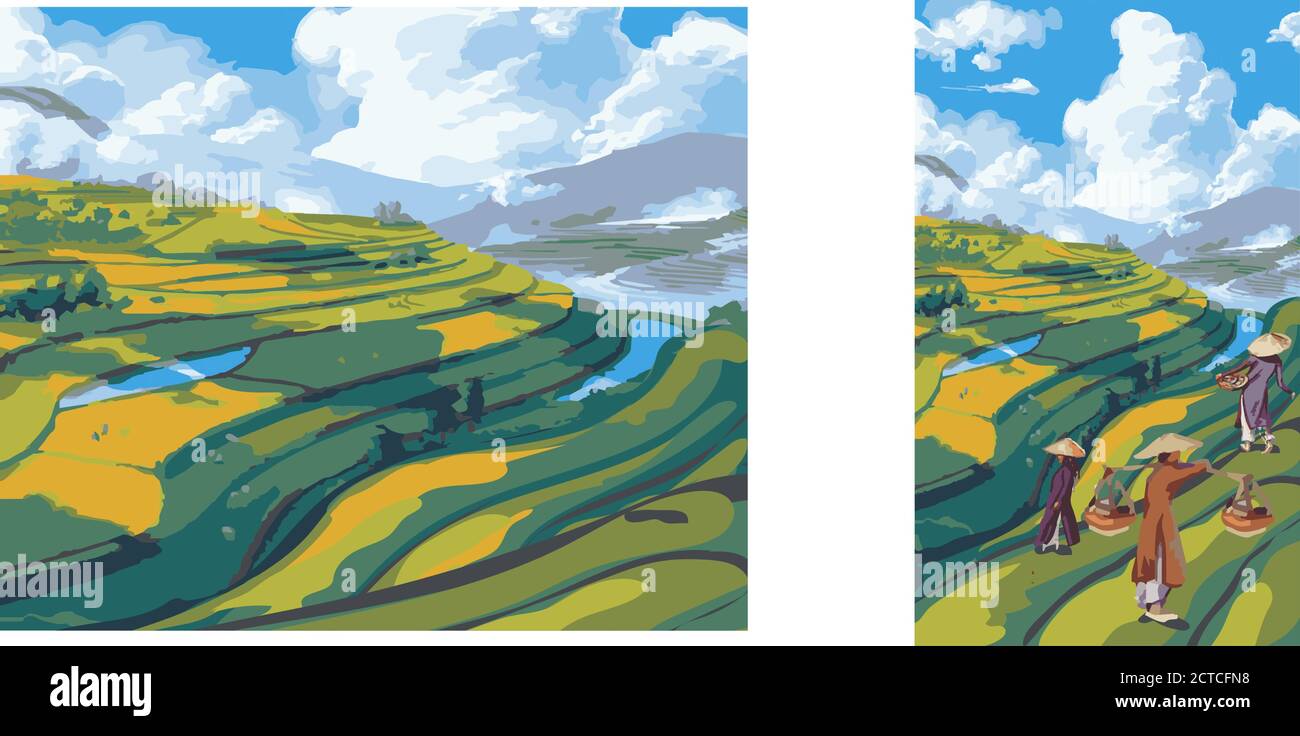 Vector rice or tea plantation on a cascading field on a mountain in China, Vietnam or the Philippines . Abstract asian meadow with plant. Flat cartoon Stock Vector