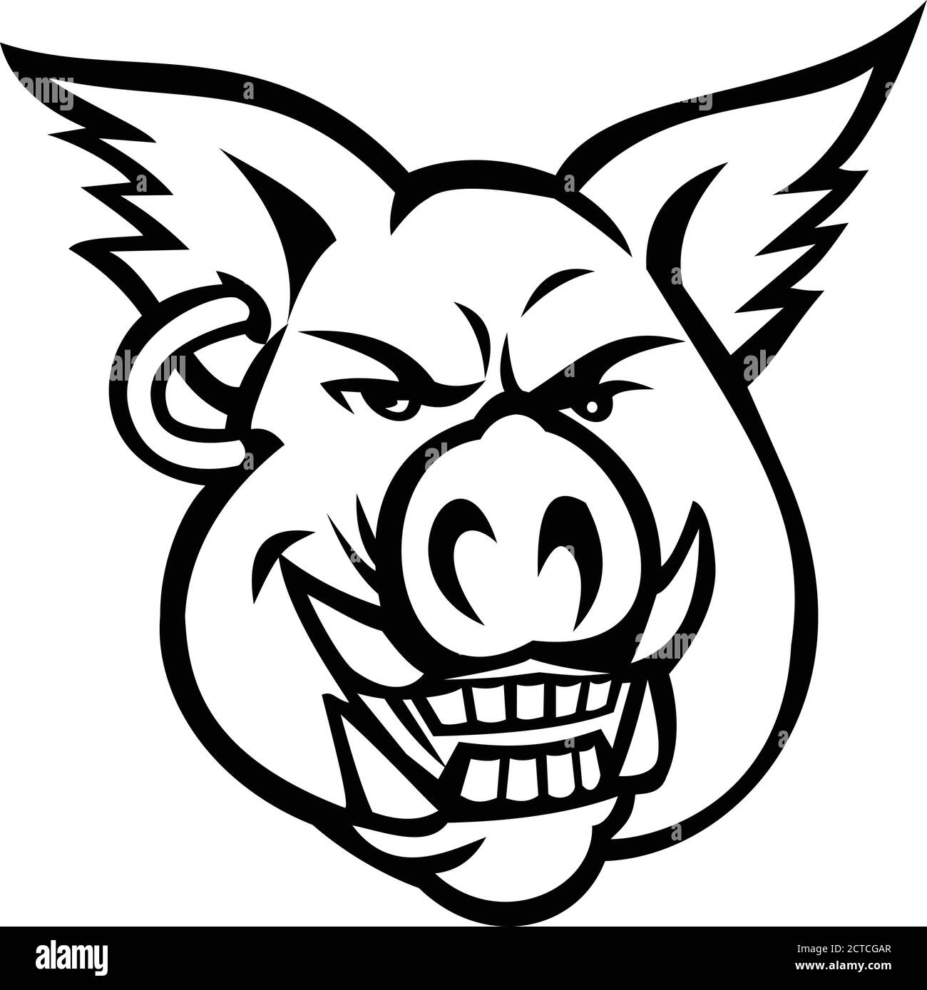 Mascot black and white illustration of head of a pink wild pig, boar or hog wearing an earring smiling grinning viewed from front on isolated backgrou Stock Vector