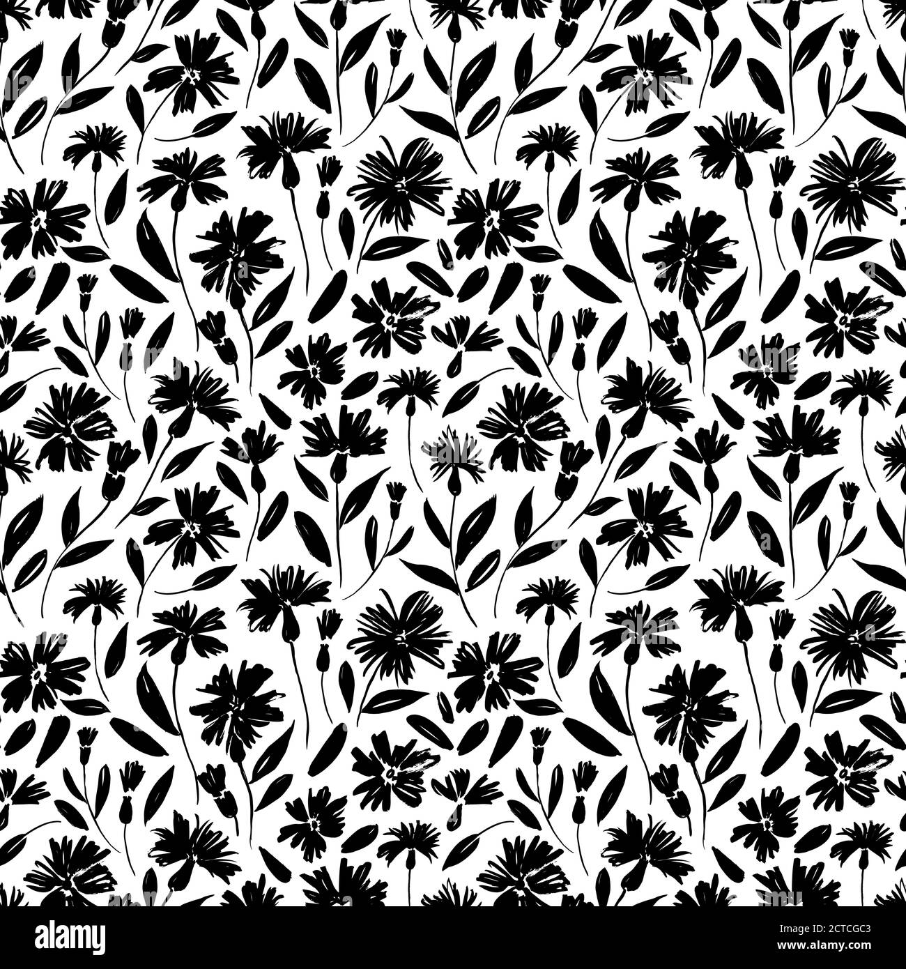 Black flowers with stems vector seamless pattern. Stock Vector