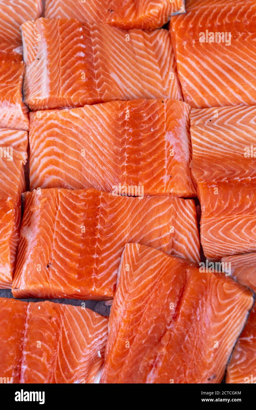 Raw Salmon Fillets on Ice for Sale at Market Stock Photo - Alamy
