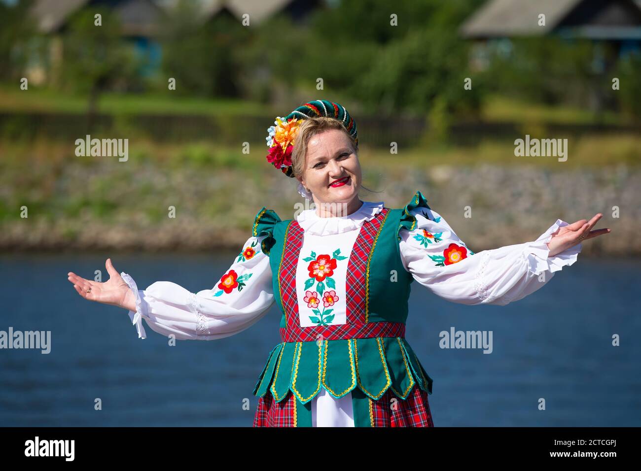 08 29 2020 Belarus, Lyaskovichi. Celebration in the city. Beautiful Slavic woman. Belarusian or Ukrainian in national dress. Stock Photo