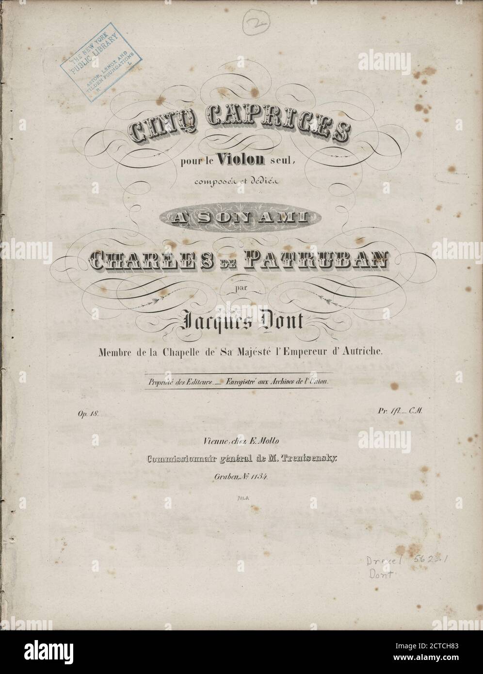 Cinq caprices pour le violon seul, op. 18 , notated music, Scores, 1840, Dont, Jakob, 1815-1888, Patruban, Karl von, 1816-1880 Stock Photo
