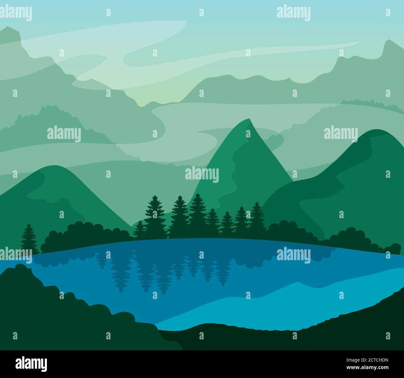 landscape nature with lake, pine trees and mountains Stock Vector Image ...