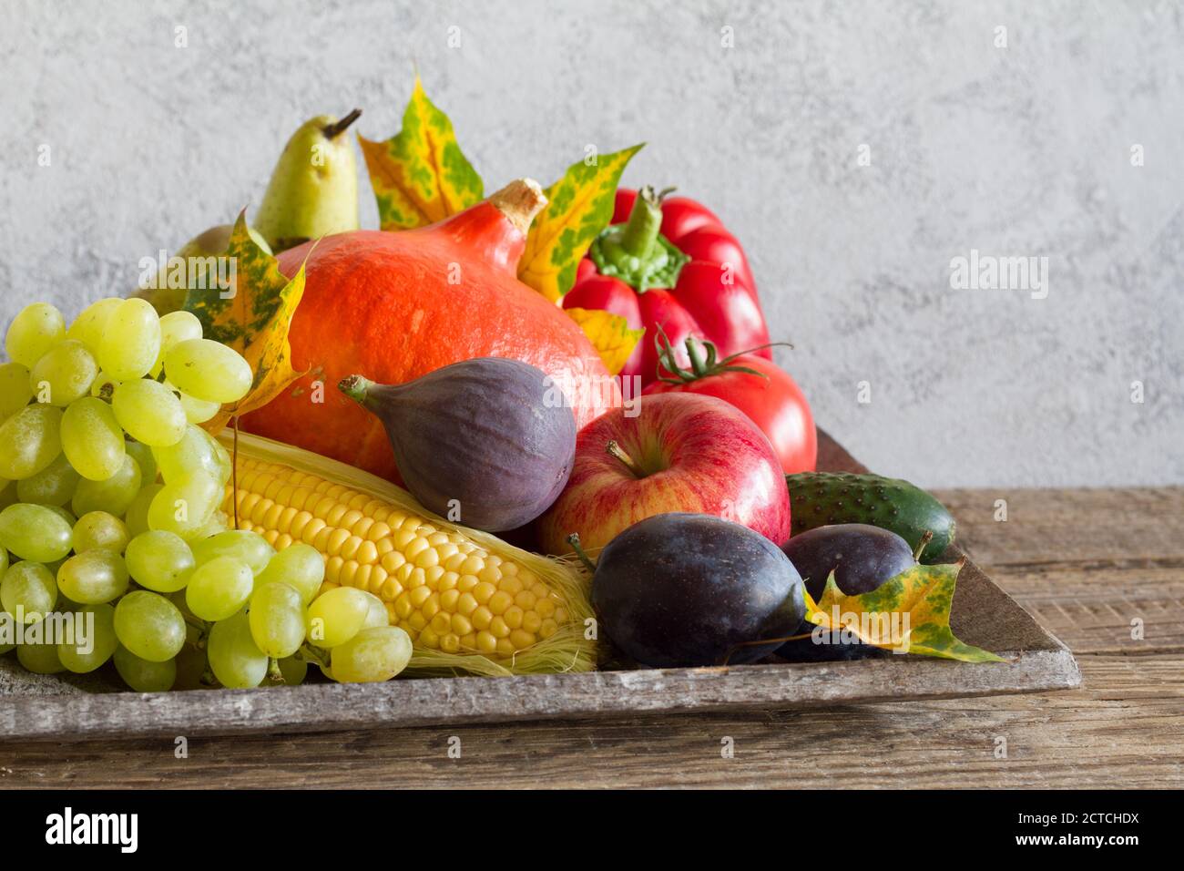 Autumn fruits and vegetables on grey background Stock Photo