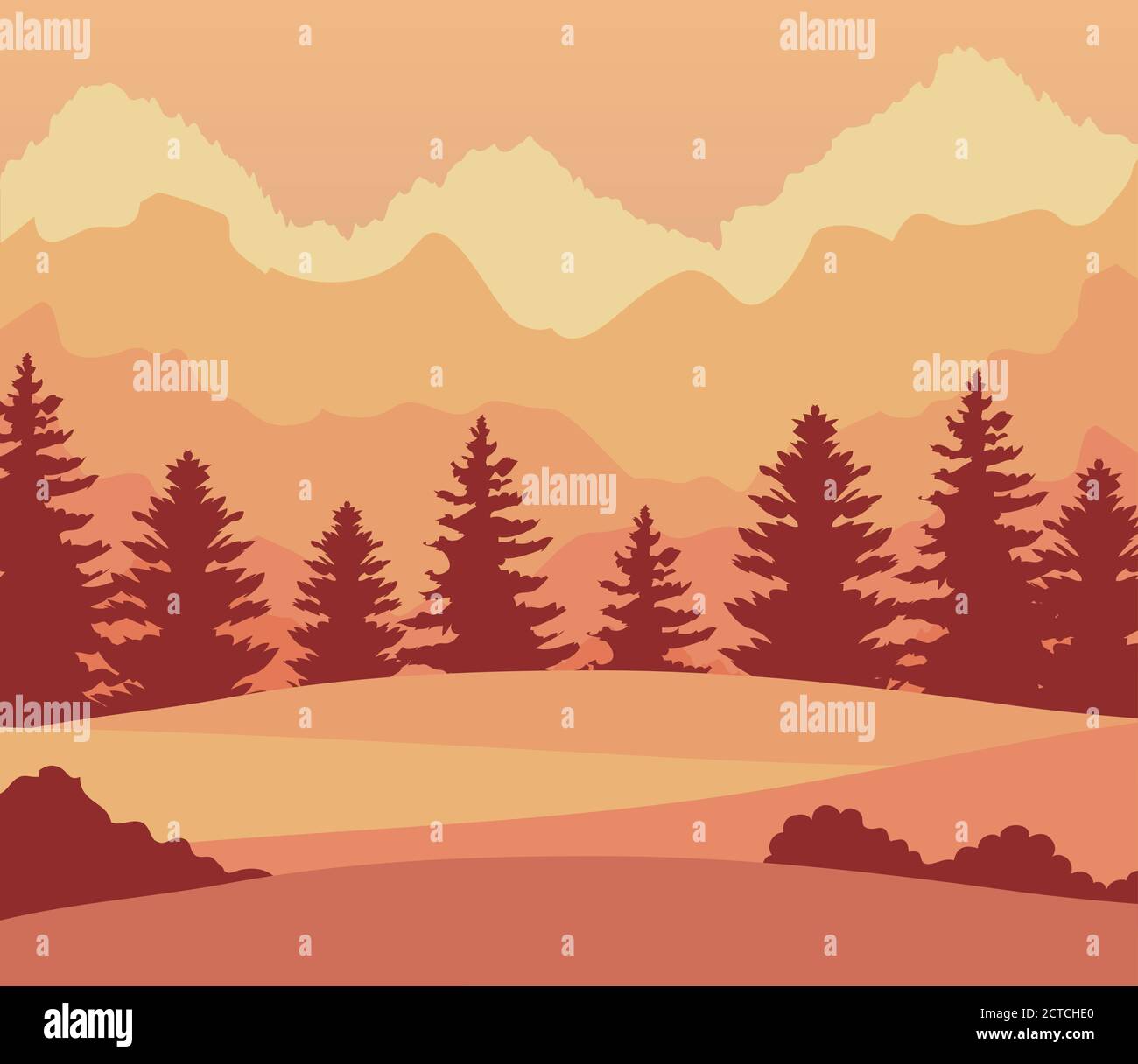 landscape in sunset moment with pine trees and mountains Stock Vector ...
