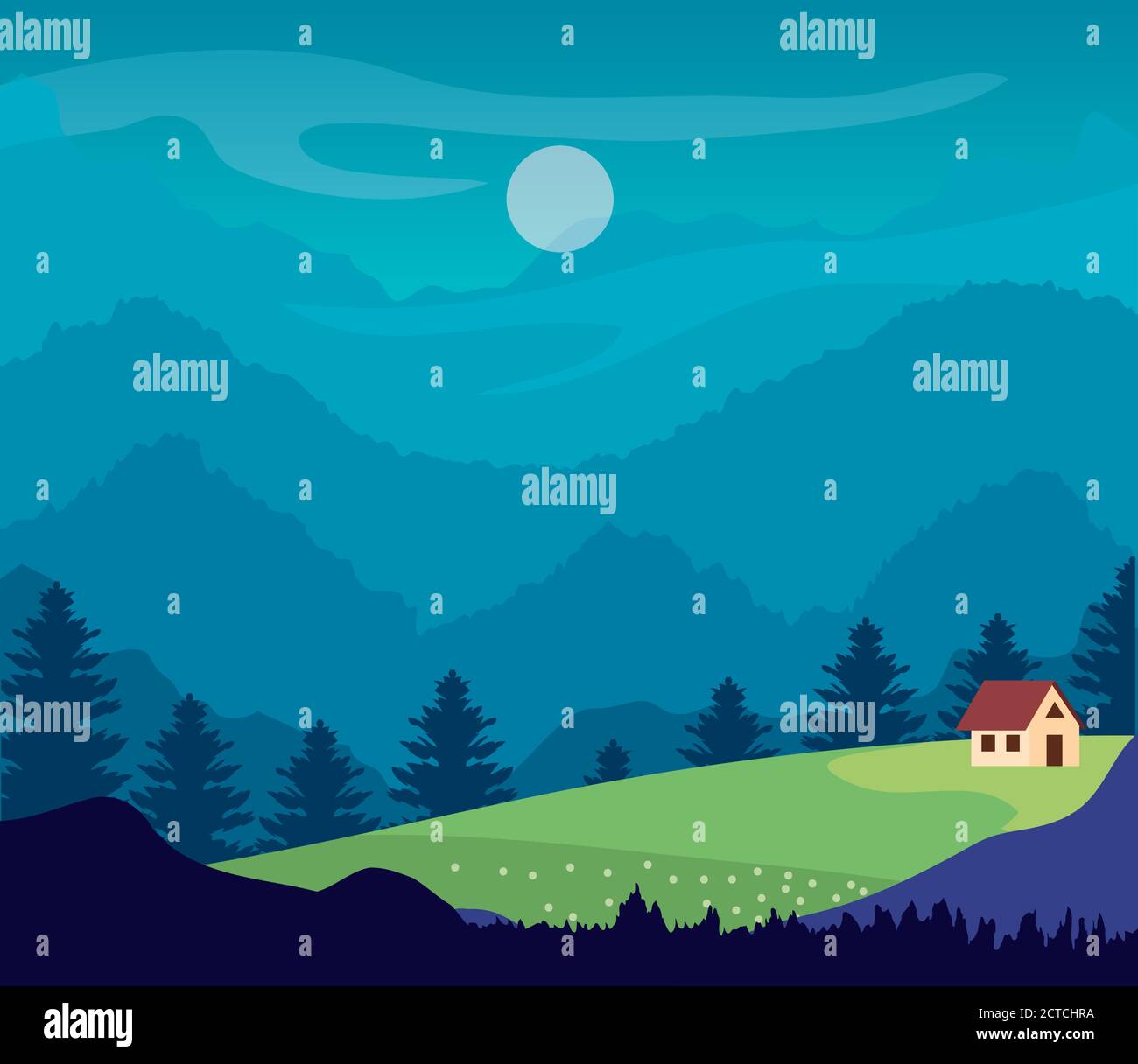 landscape with farmhouse and pine trees Stock Vector Image & Art - Alamy