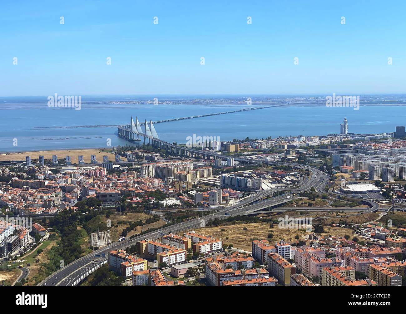 Lisbon, Lissabon, Portugal, 24th August 2020.  Aerial view of Ponte Vasco Da Gamma Bridge © Peter Schatz / Alamy Stock Photos Stock Photo