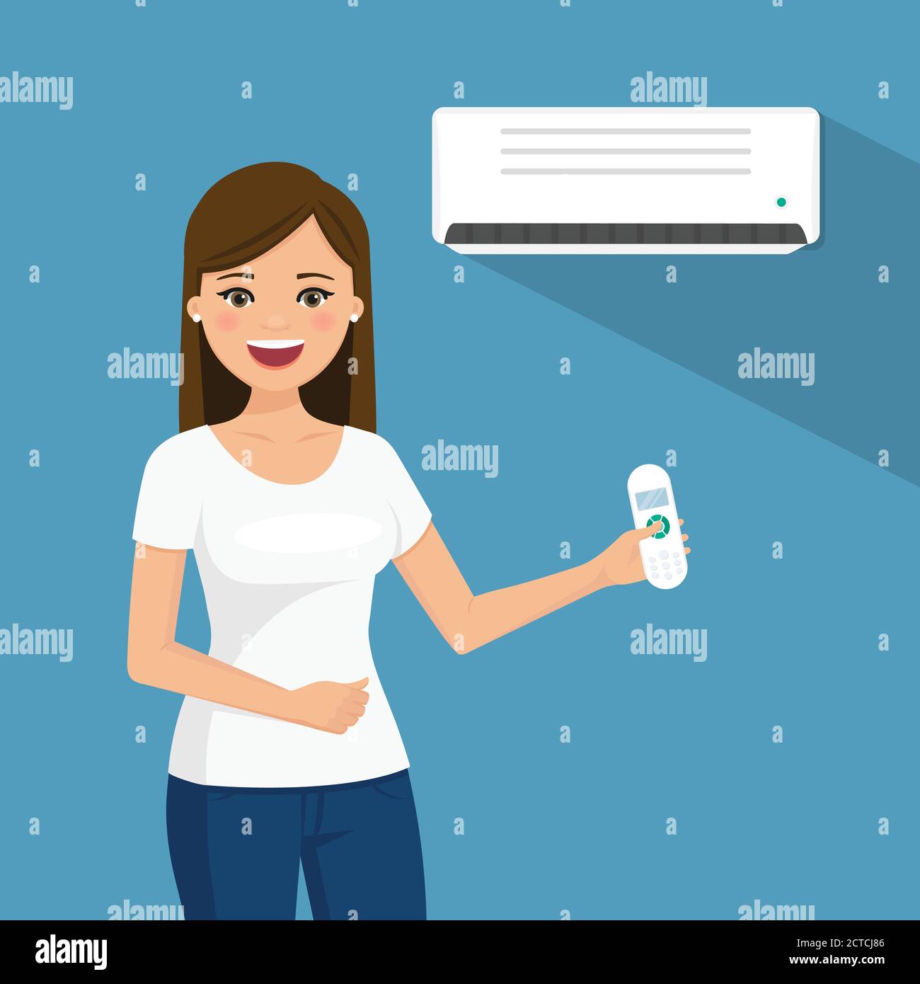 Woman enjoying the coolness of air conditioning. People vector ...