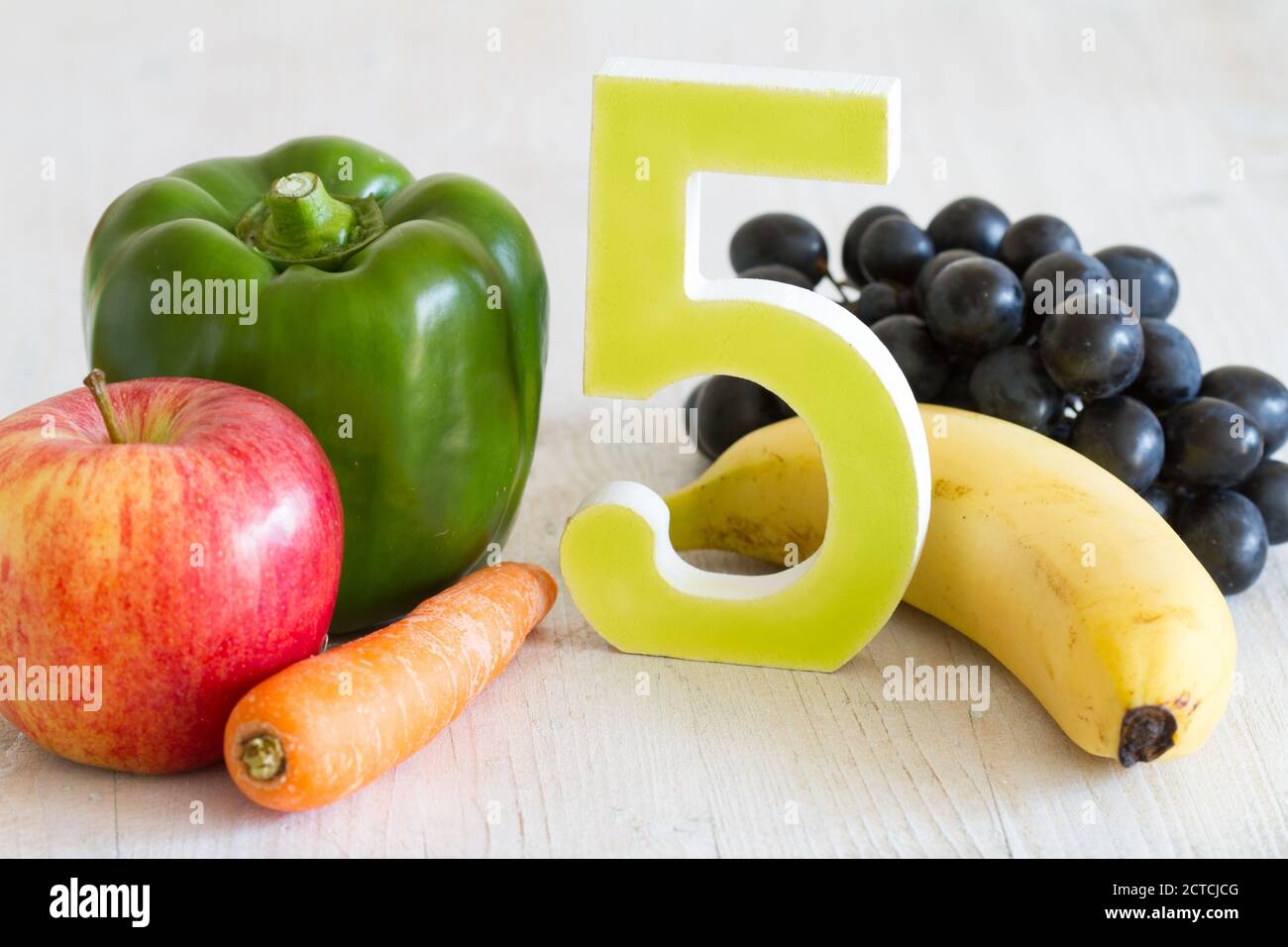 5 Five a day portion with fresh fruits and vegetables healthy diet lifestyle concept Stock Photo