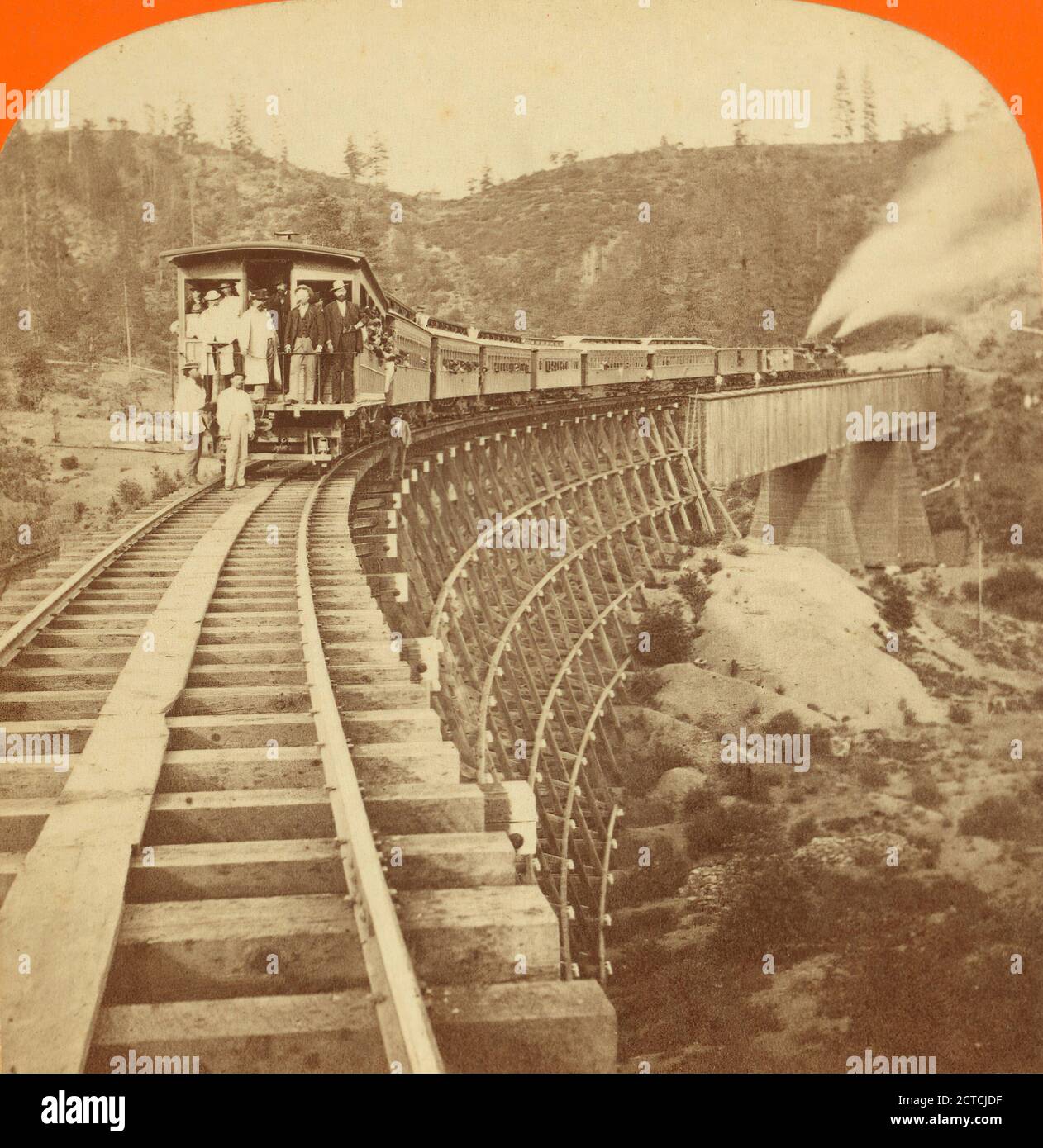 C.P.R.R. train on Long Ravine Bridge., Thomas Houseworth & Co., Central Pacific Railroad Company, California Stock Photo