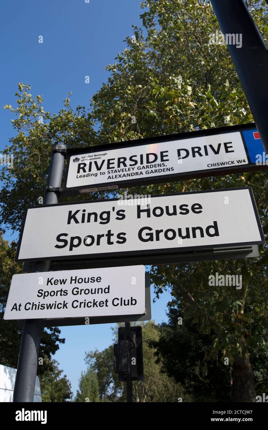 signs for king's house sports ground at chiswick cricket club, and local streets, in chiswick, london, england Stock Photo