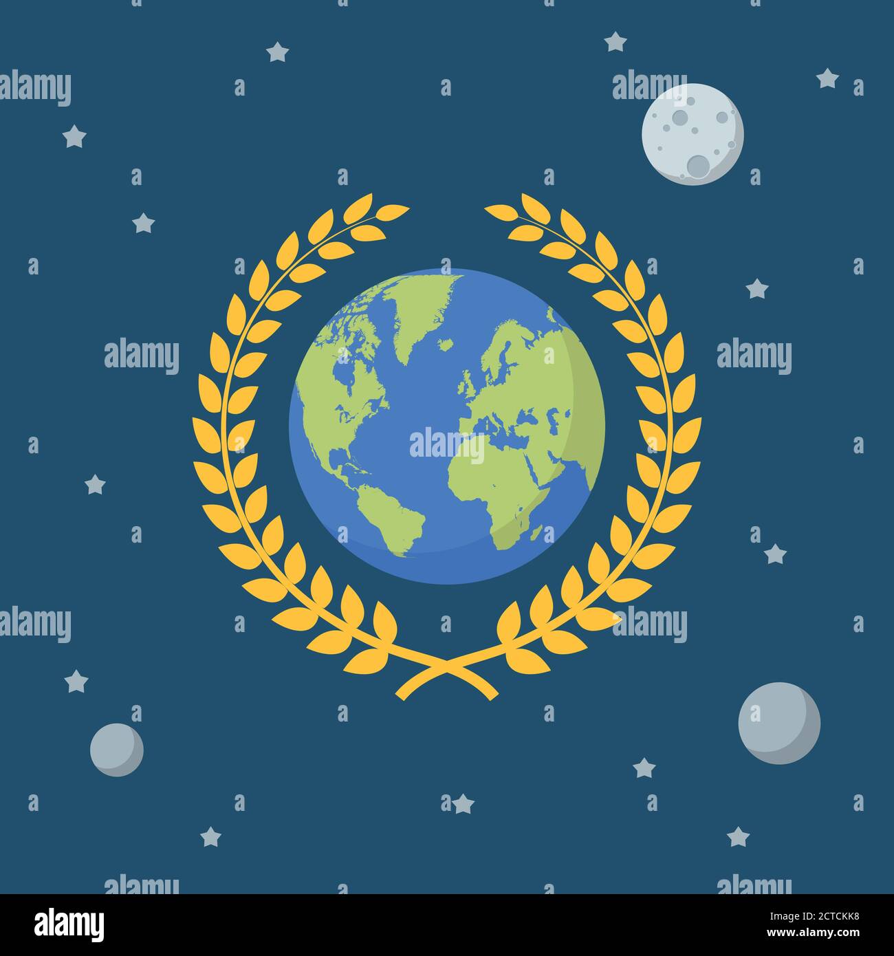 Earth globe with golden wreath on space background. Flat style vector illustration Stock Vector