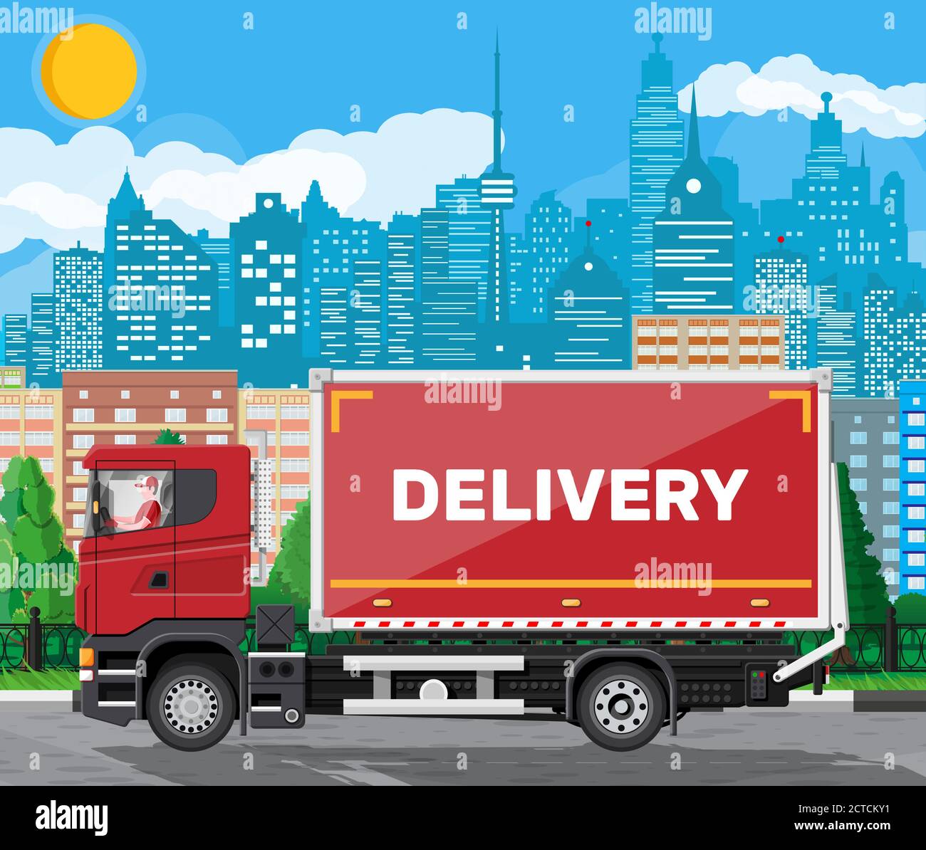 Red delivery van at cityscape background. Express delivering services