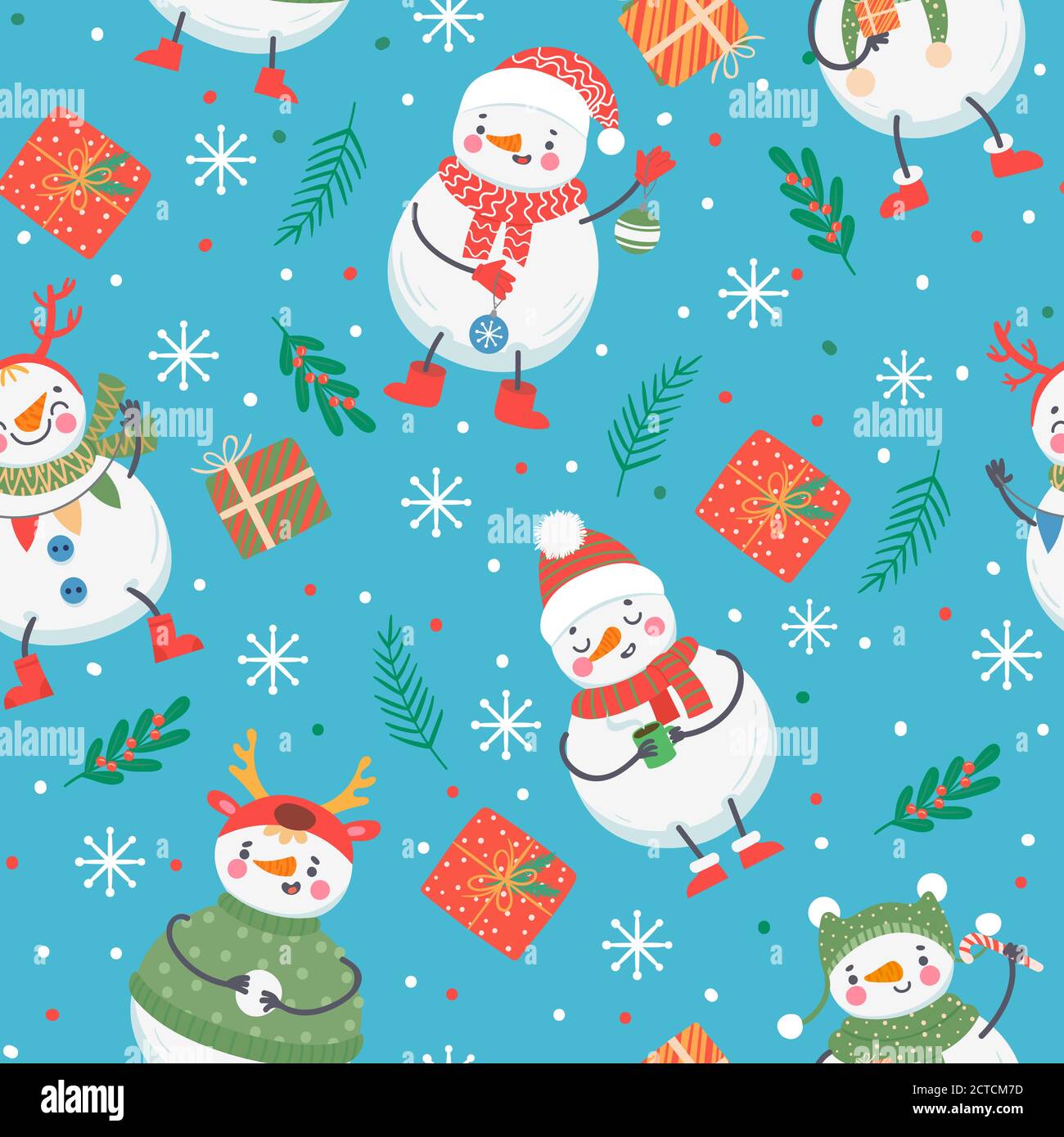 Snowman seamless pattern. Cute funny snowmen in winter clothes with ...