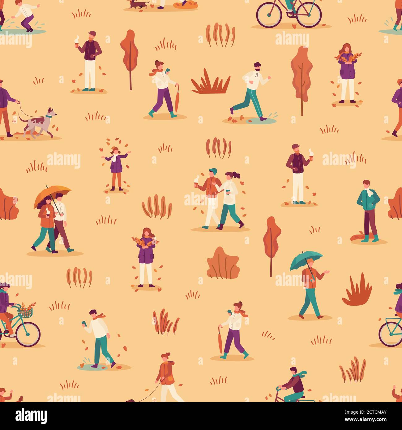 Autumn people seamless pattern. Men, women and child enjoying fall season, walk with umbrella and pets in park, ride bike vector background. Couple dr Stock Vector