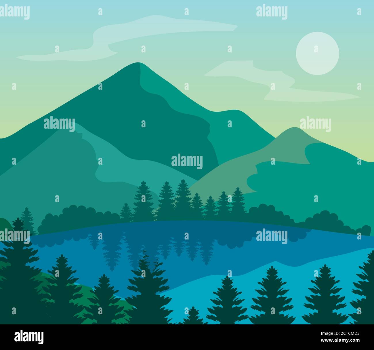landscape nature and lake, pine trees with mountains Stock Vector Image ...