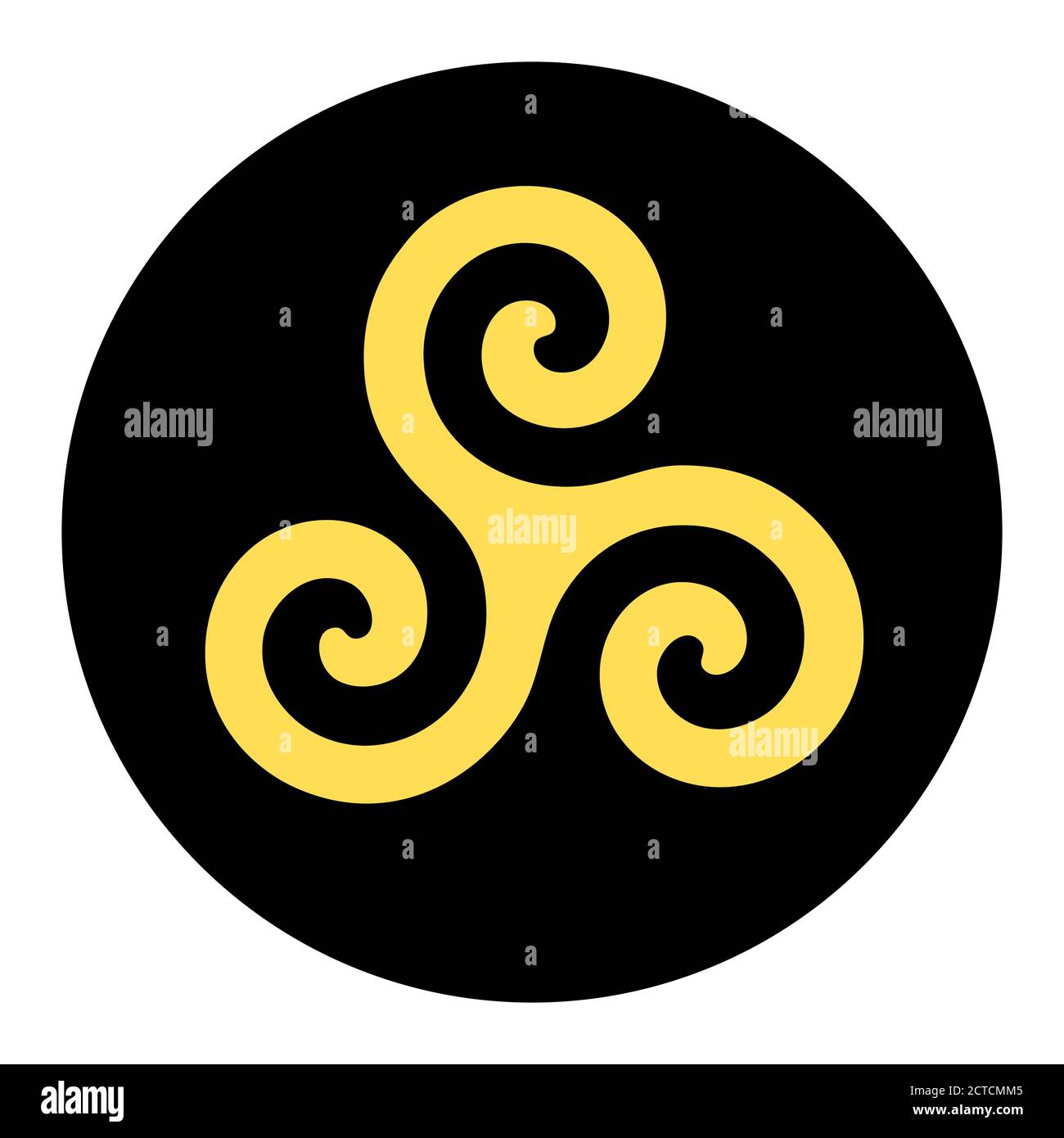 Yellow triskelion symbol icon in a black circle Stock Photo
