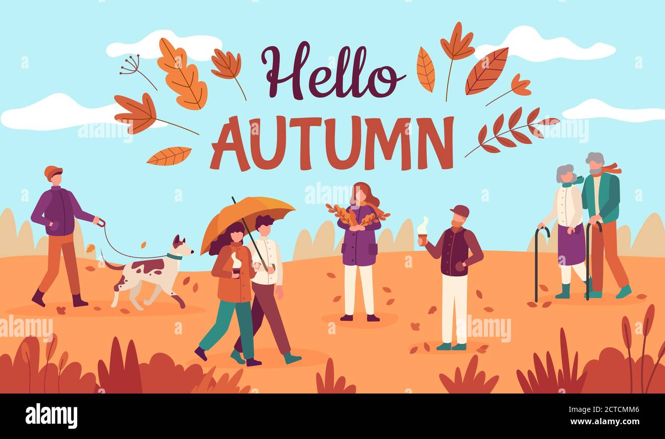 Hello autumn. Happy people walk in public park, red yellow trees and falling leaves, healthy lifestyle in fall season vector background. Couple going Stock Vector