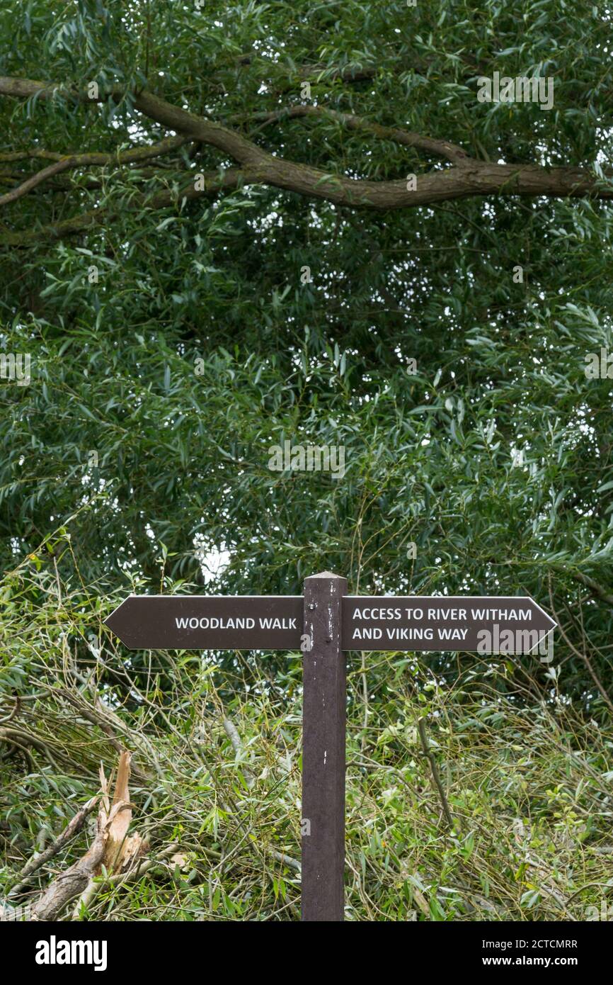 Signpost pointing to woodland walk and river Witham and Viking way Stock Photo
