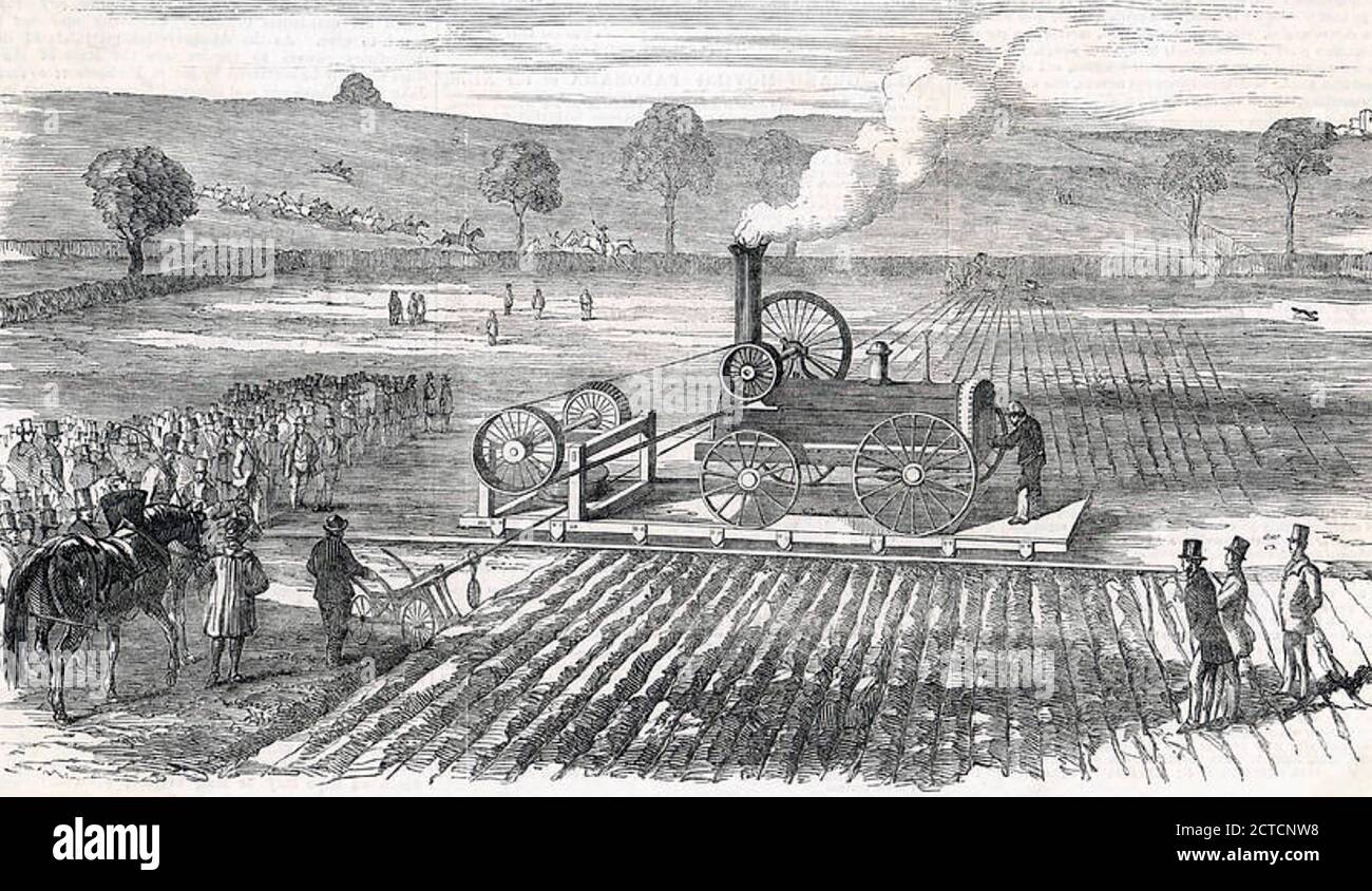 STEAM PLOUGHING demonstration in Grimsthorpe, Lincolnshire, England, in 1861 on an estate owned by Lord Willoughby D'Eresby Stock Photo