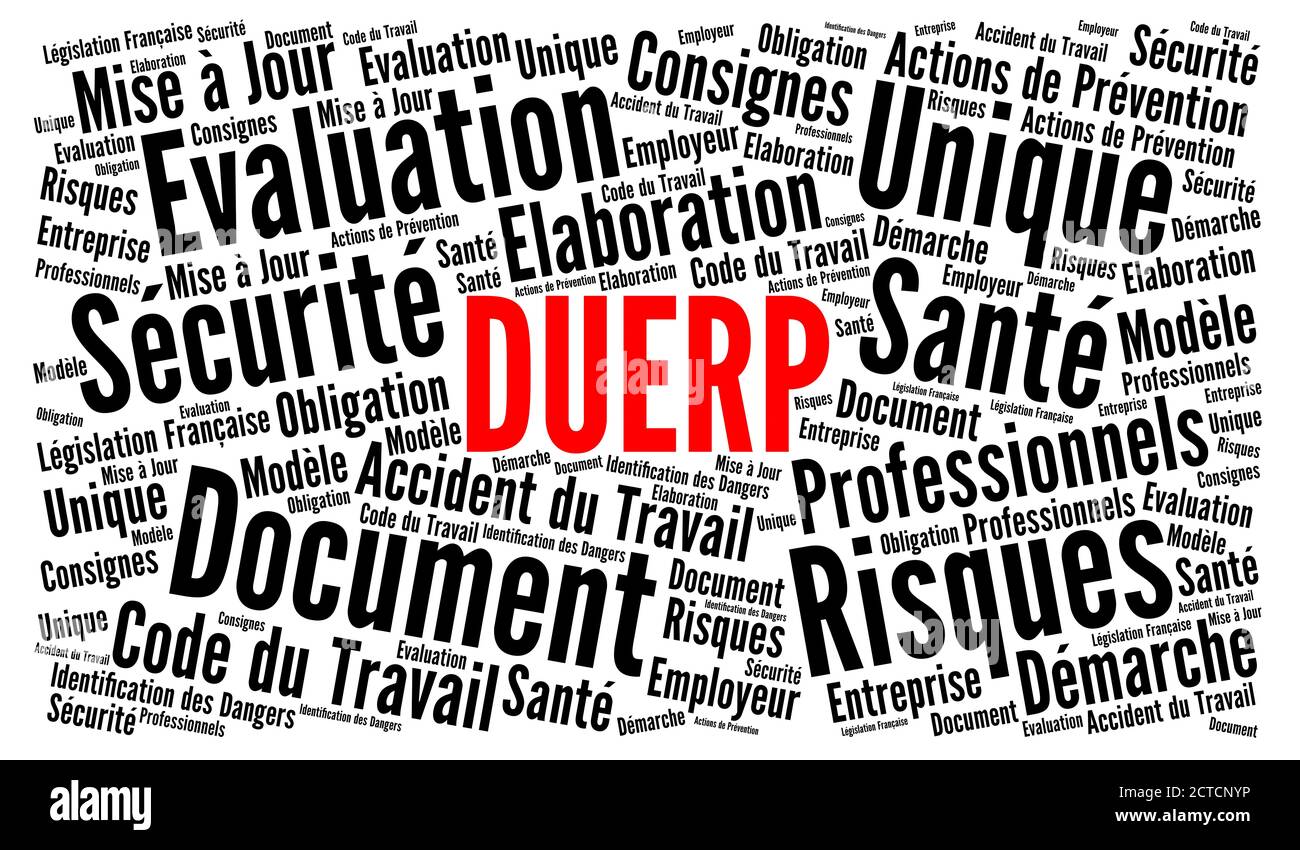 DUERP word cloud concept in french language called comprehensive workplace  risk prevention assessment in english language Stock Photo - Alamy