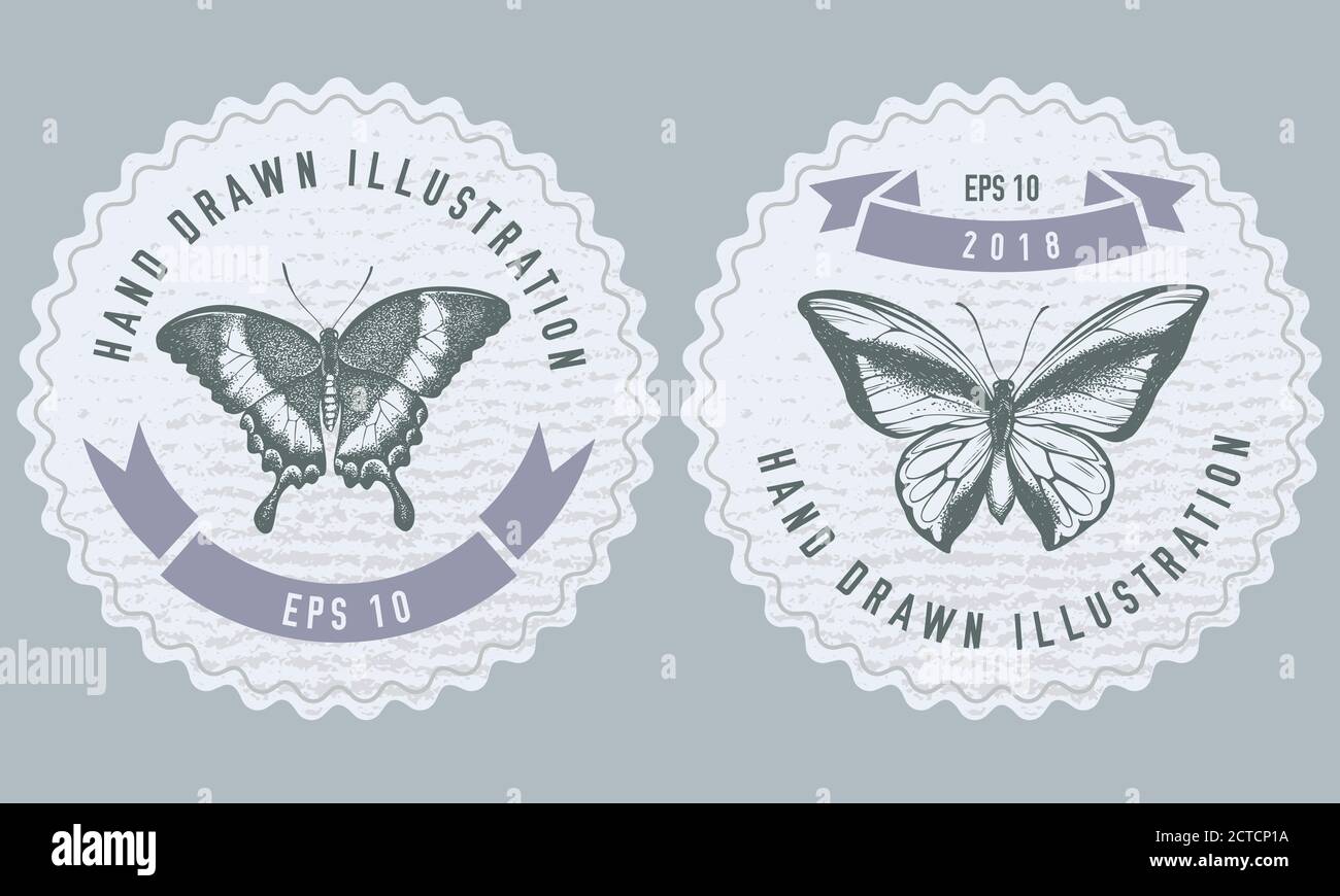 Monochrome labels design with illustration of emerald swallowtail, swallowtail butterfly Stock Vector