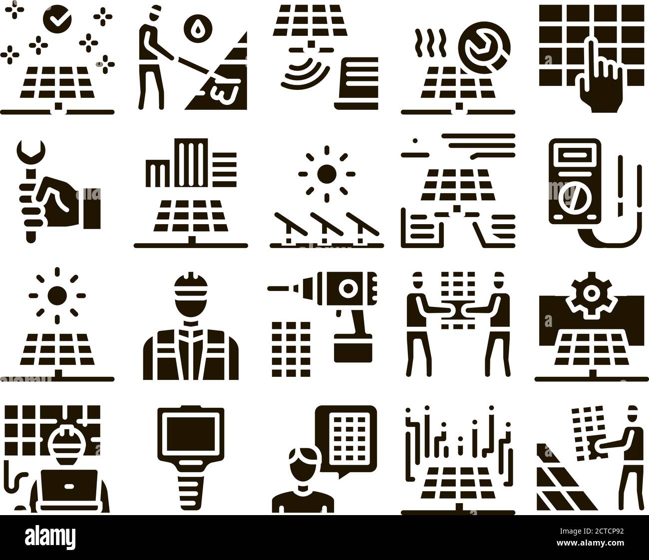 Solar Energy Technicians Glyph Set Vector Stock Vector
