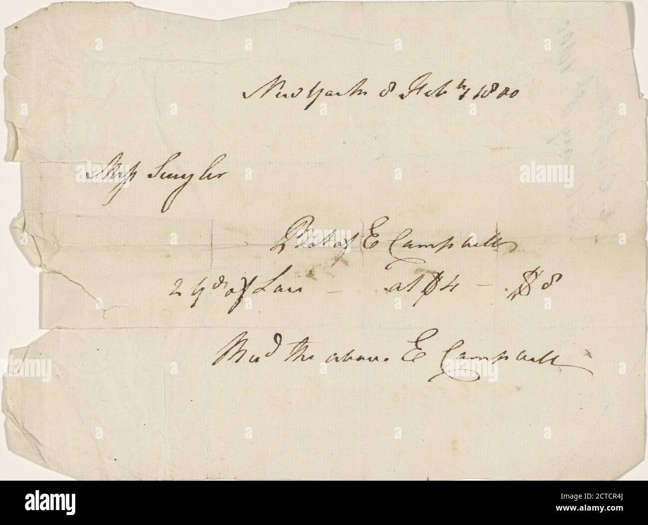 Bill of sale to Miss Schuyler, text, bills of sale, 1800 Stock Photo