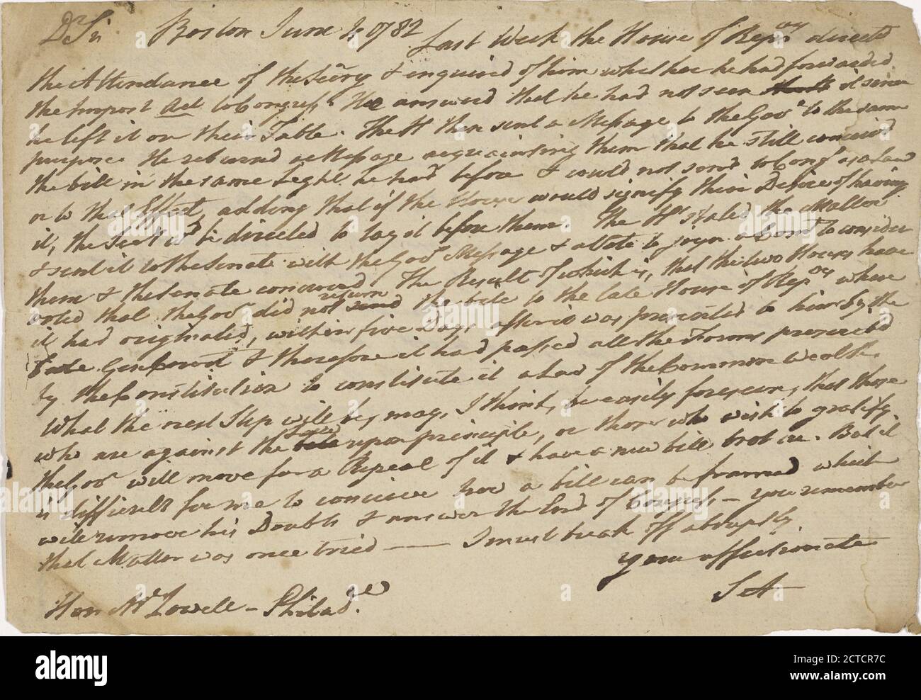 Letter to John Lowell, text, Correspondence, 1782 Stock Photo