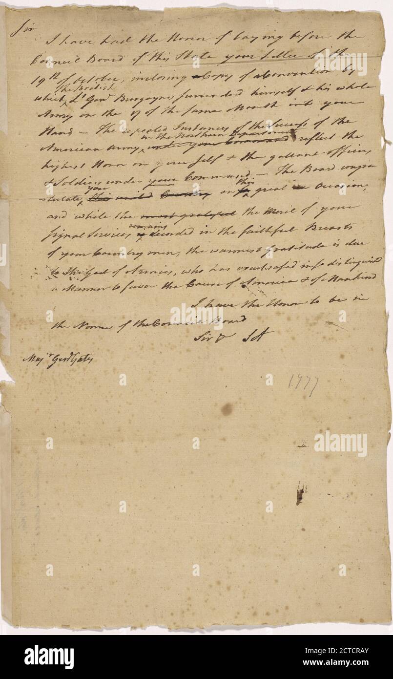 Letter to Horatio Gates, text, Correspondence, 1777 Stock Photo