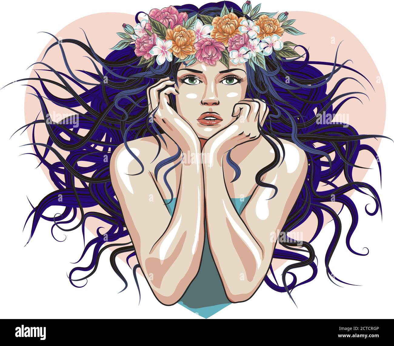 Spring look model. Beautiful girl in a wreath of peonies and roses ...