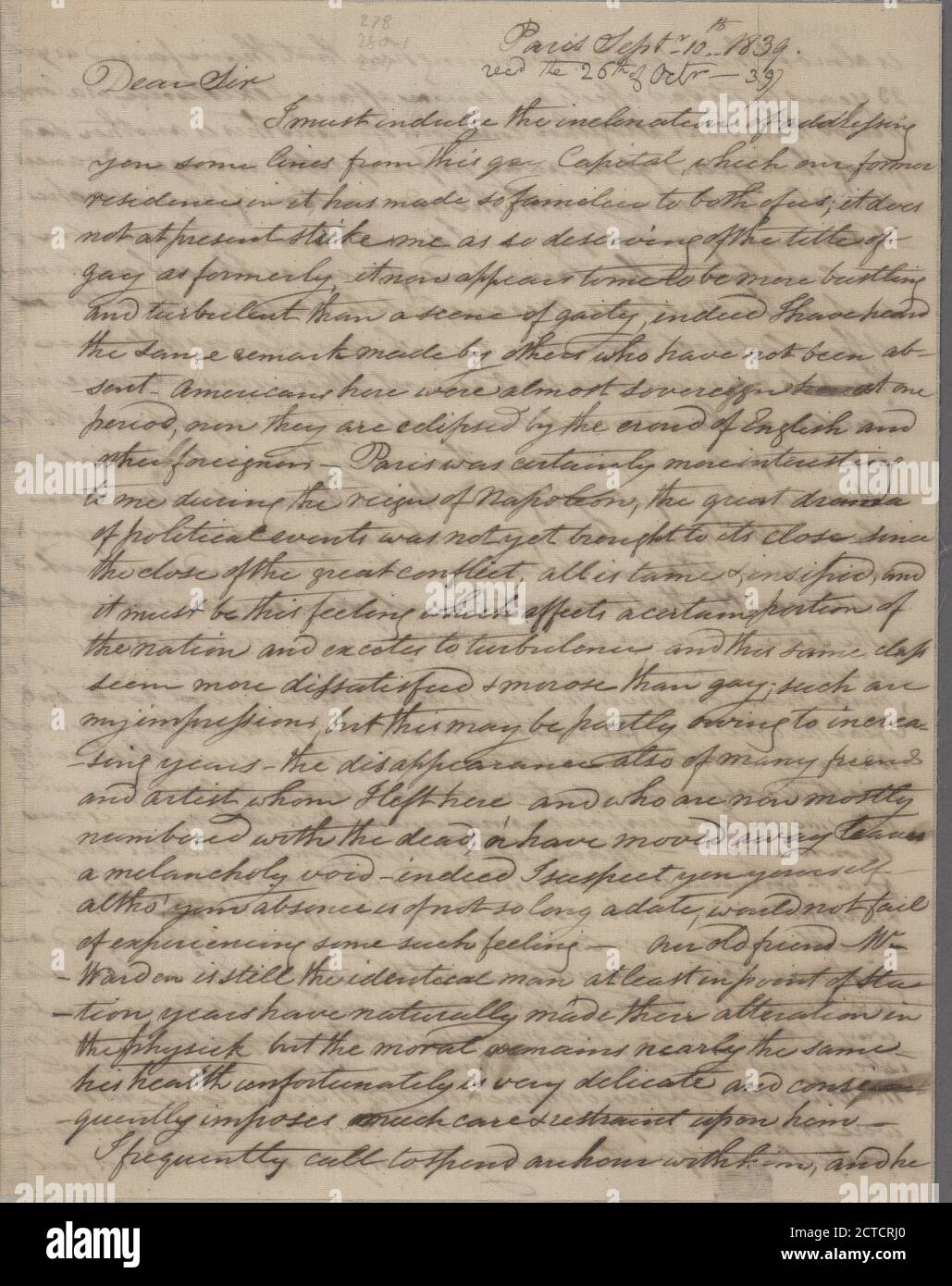 Letter to Dr. John B. Stevenson, New York, text, Documents, 1839 Stock Photo