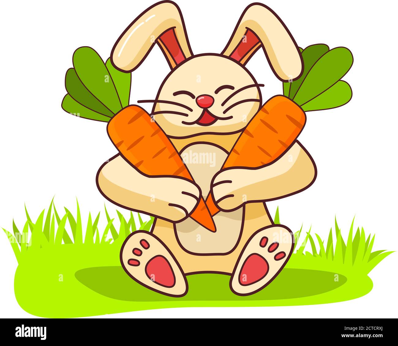 Happy rabbit is holding carrots. Animal hare with a harvest of vegetables on the grass. Stock Vector