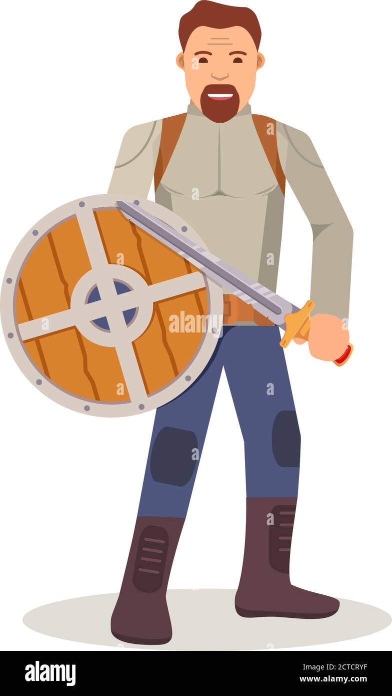 The warrior with a board and a sword. The man with weapon. Medieval knight. Stock Vector