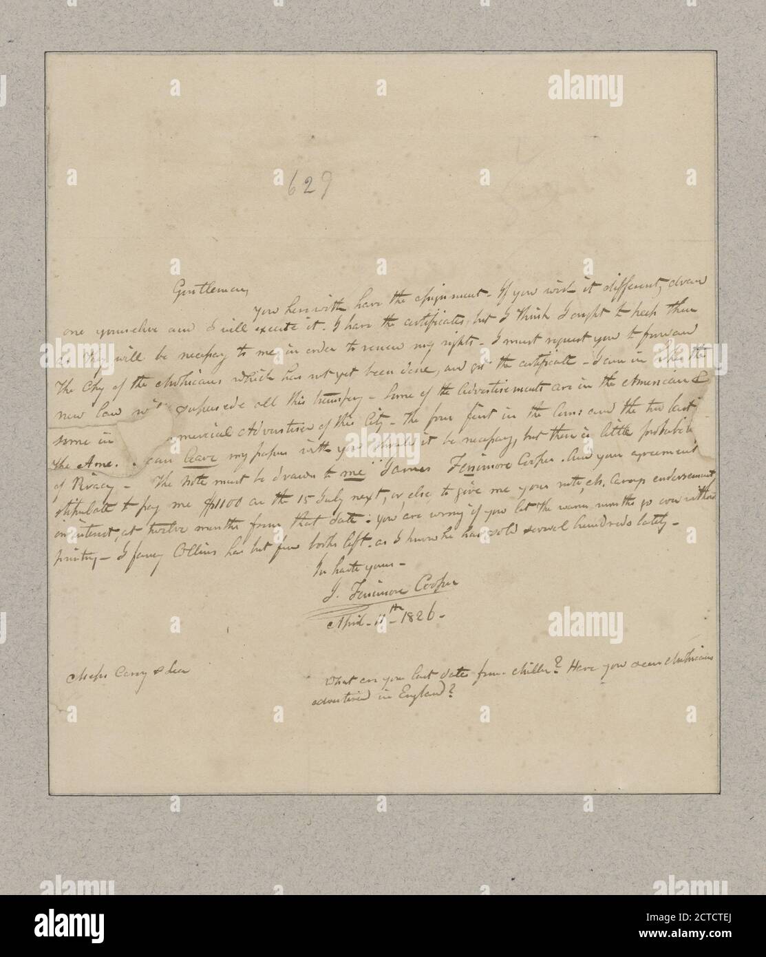Cooper, James Fenimore. To Messrs. Carey and Lea, text, Documents, 1826 Stock Photo