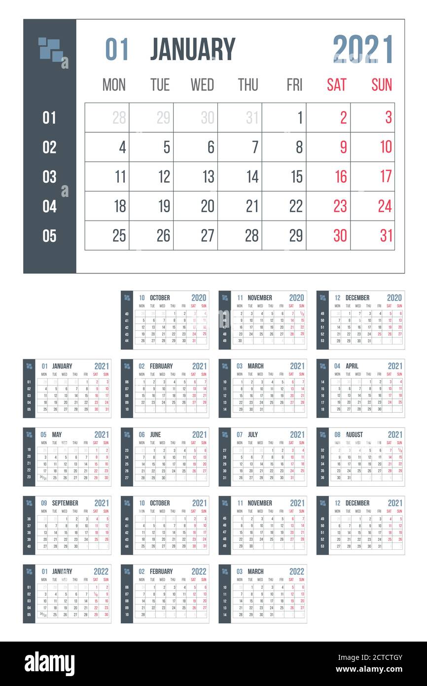 2021 year blue calendar. Month countdown page set. Day, week. Date and schedule. Printable version template simple design. Corporate and business Stock Vector