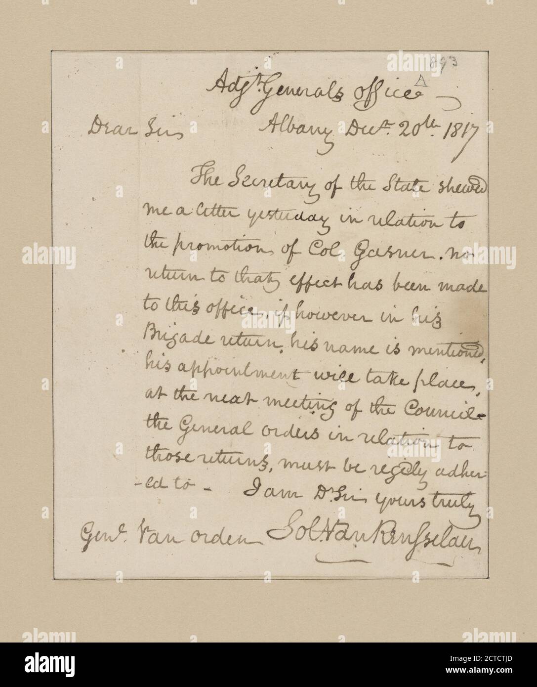 Van Rensselaer, Solomon. Albany. Adjt. General's Office. To Major General Peter Van Orden, text, Documents, 1817 Stock Photo